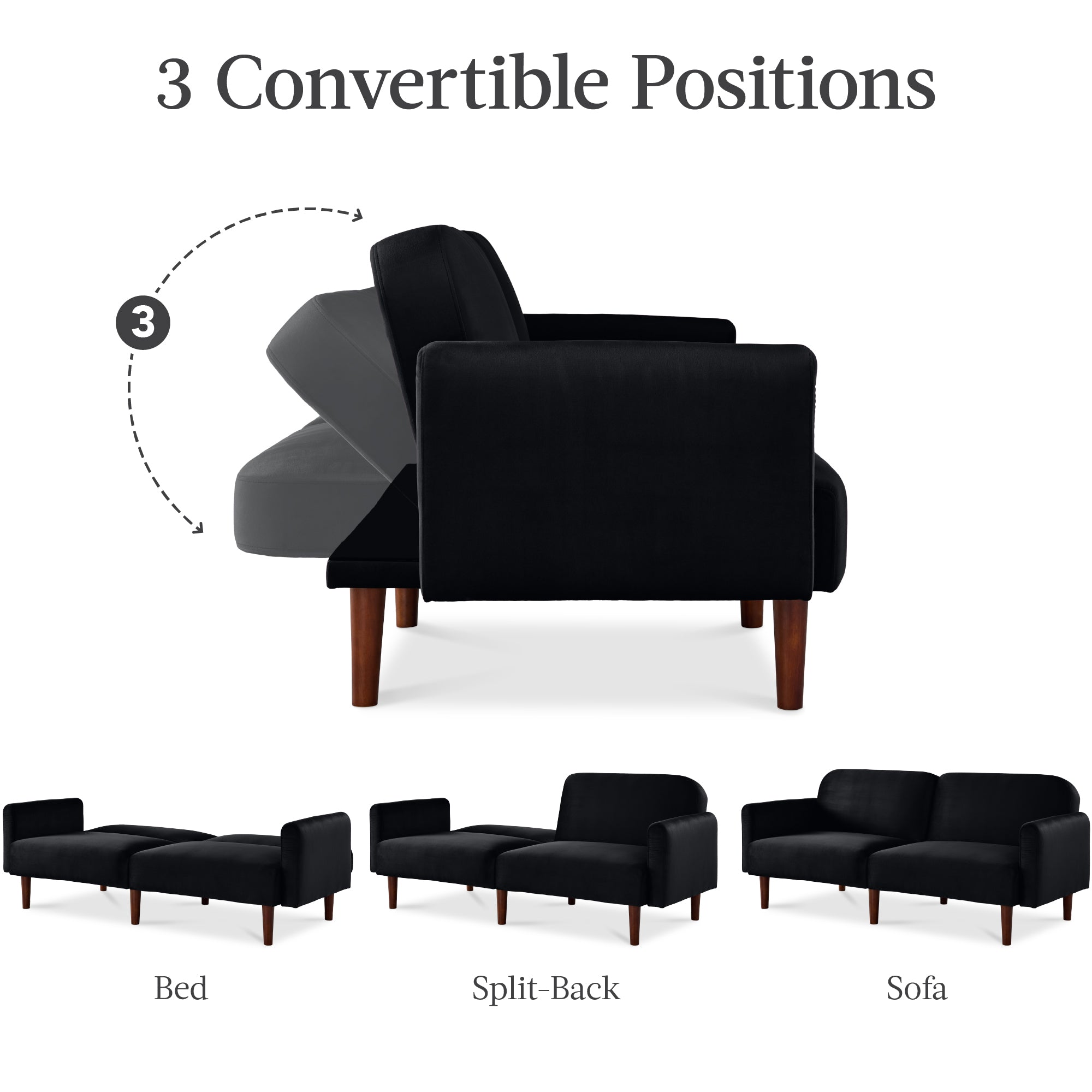 Curved Convertible Futon Velvet Fabric Split-Back Sleeper Bed - Thumbnail 5