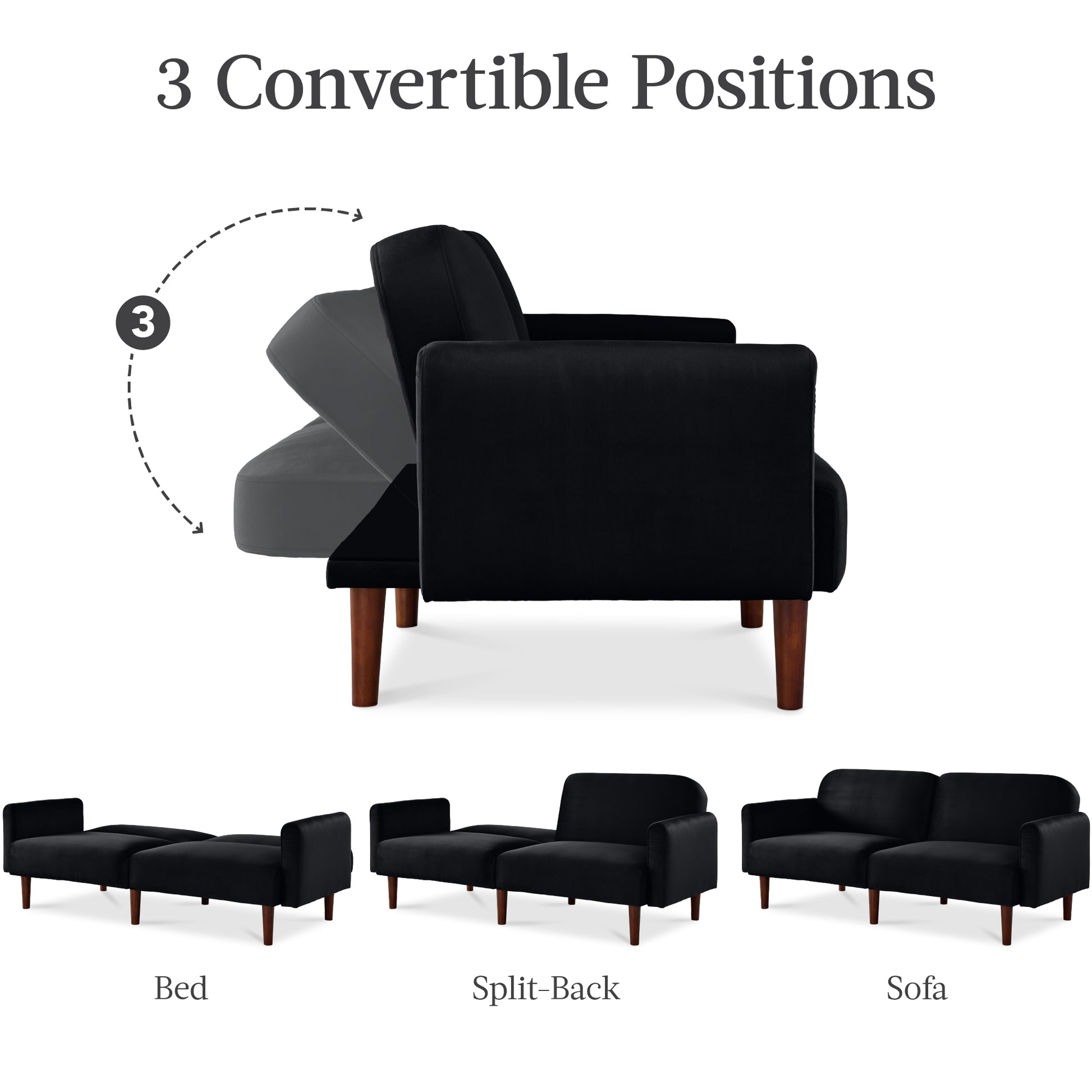 Curved Convertible Futon, Velvet Fabric Split-Back Sleeper Bed