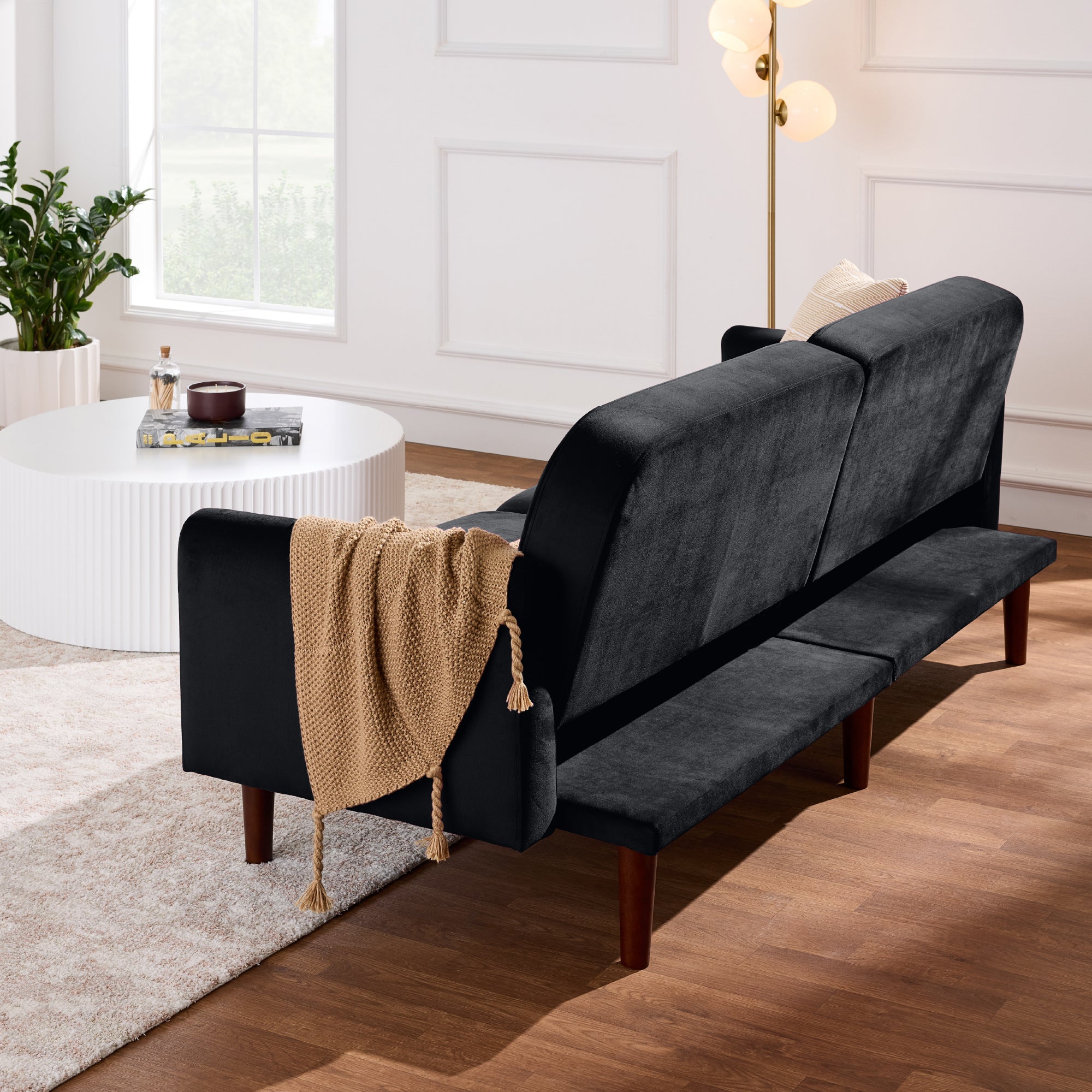 Curved Convertible Futon, Velvet Fabric Split-Back Sleeper Bed