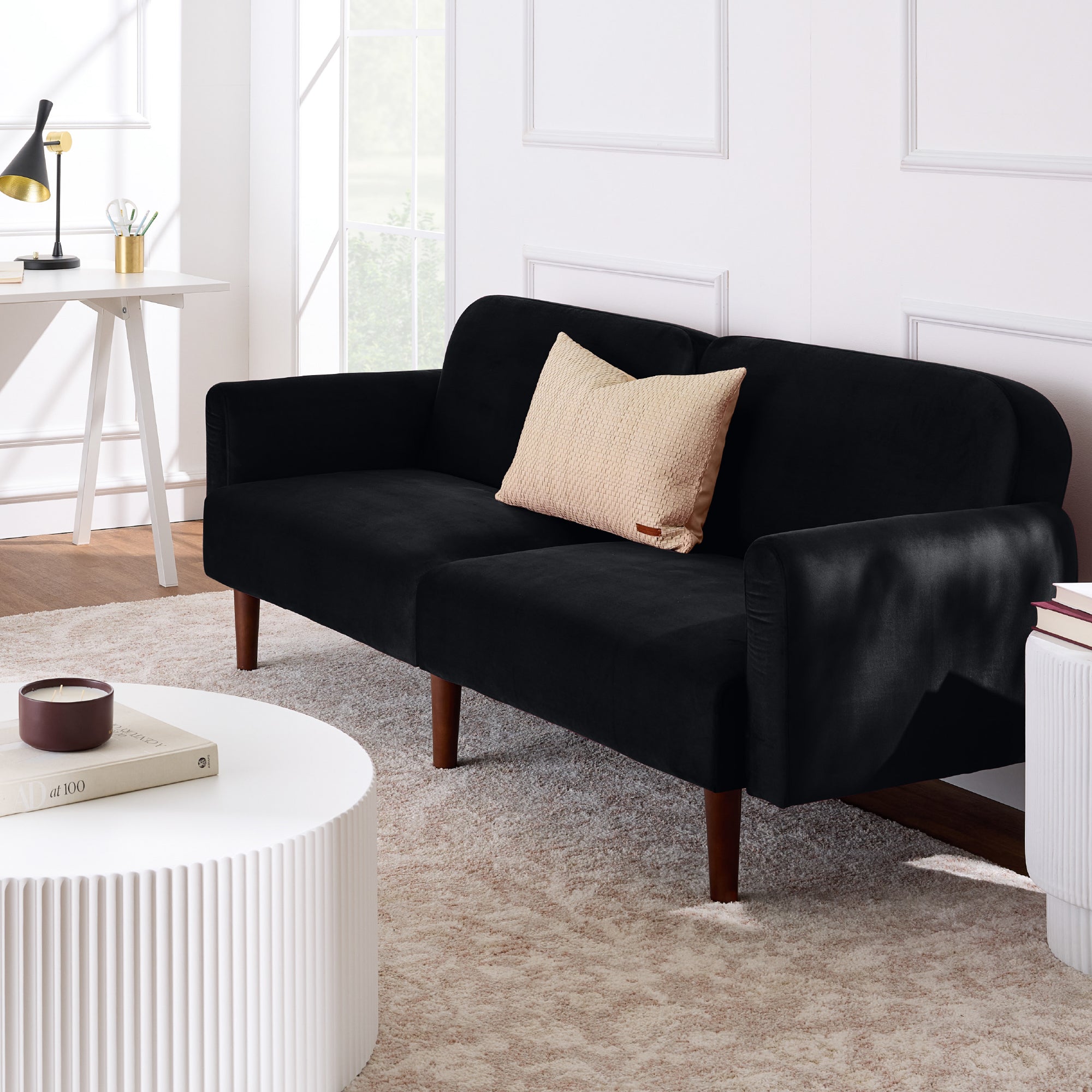 Curved Convertible Futon Velvet Fabric Split-Back Sleeper Bed - Thumbnail 2