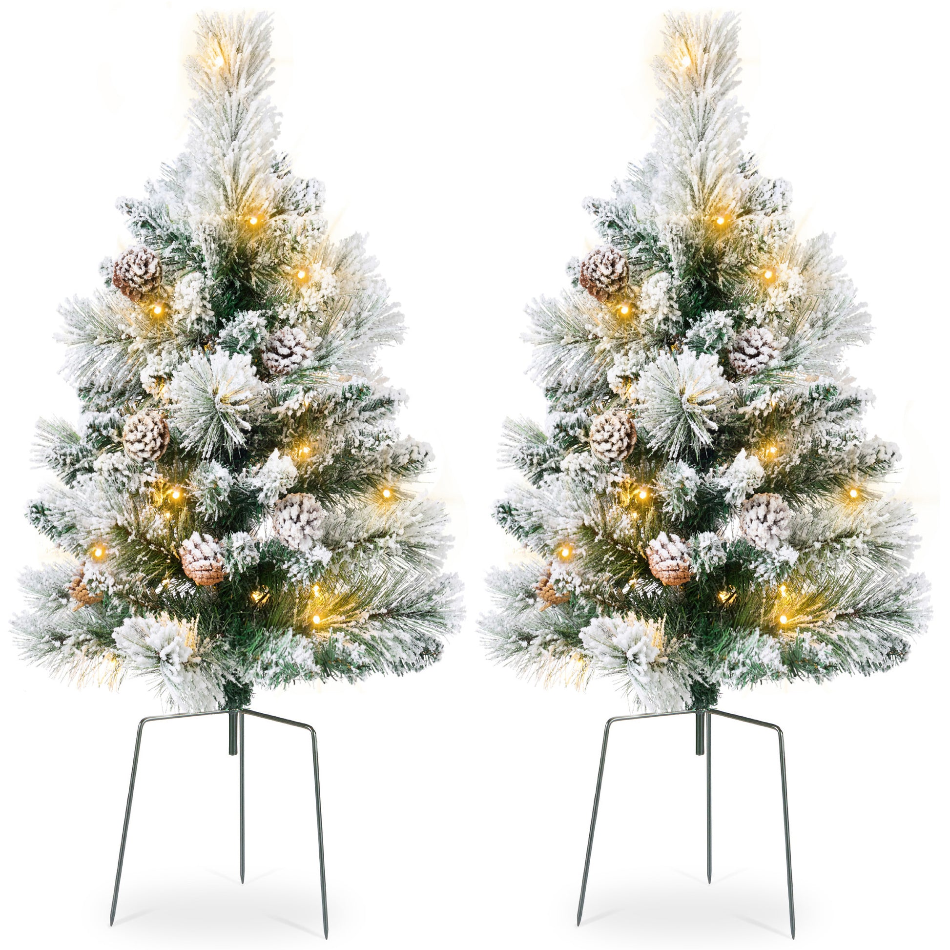Set of 2 Pre-Lit Pathway Christmas Trees w/ Pine Cones, Timer - 24.5in
