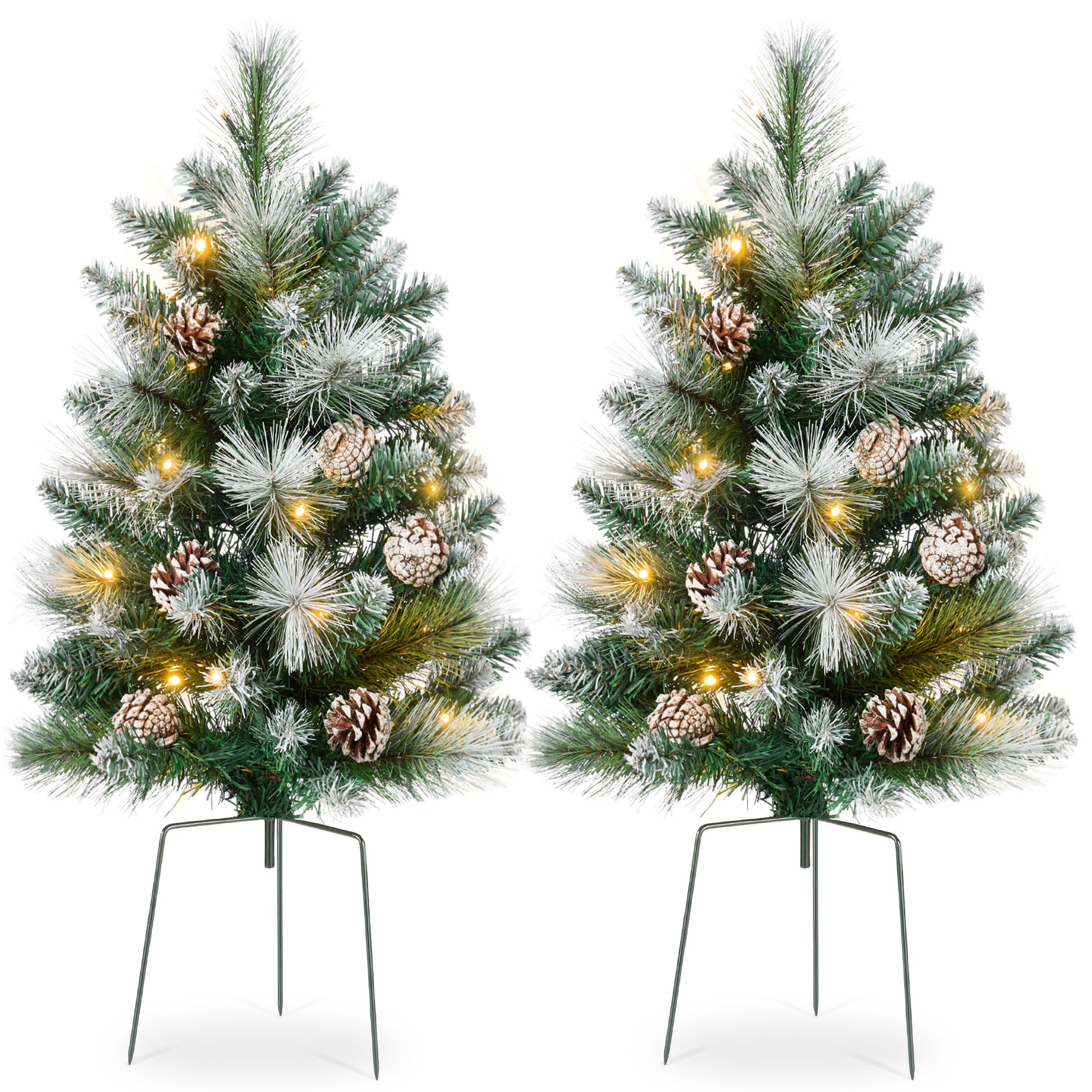 Set of 2 Pre-Lit Pathway Christmas Trees w/ Pine Cones, Timer - 24.5in