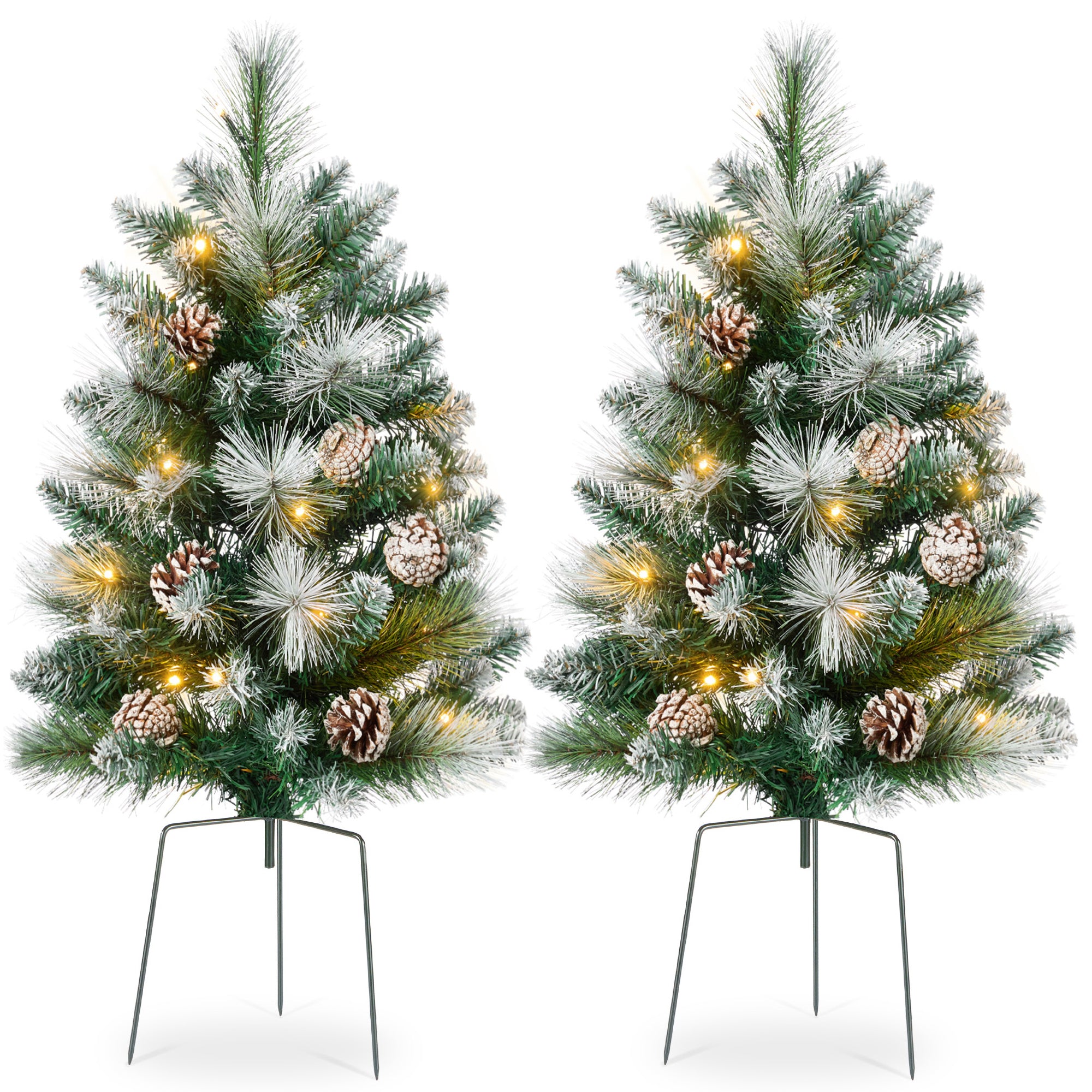 Set of 2 Pre-Lit Pathway Christmas Trees w/ Pine Cones, Timer - 24.5in