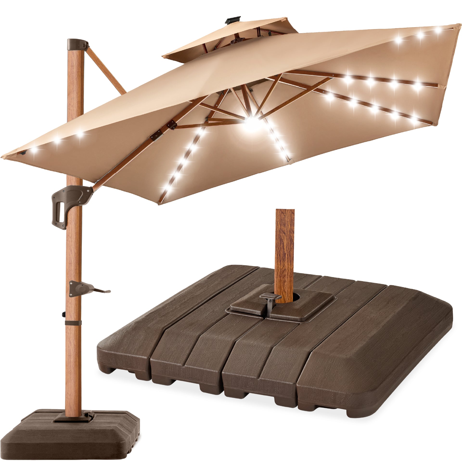 Best Choice Products 10ft Square Woodgrain Pattern 2-Tier Outdoor Solar LED Cantilever Umbrella w/ Base