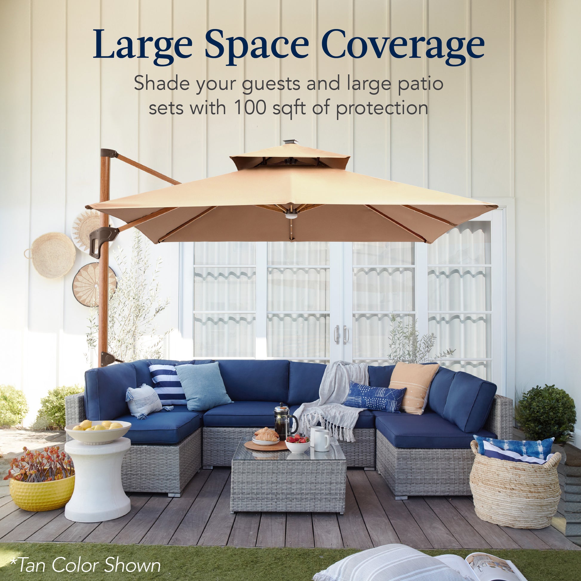 large patio table umbrella Best Choice Products 10ft Square Woodgrain Pattern 2-Tier Outdoor Solar LED Cantilever Umbrella w/ Base