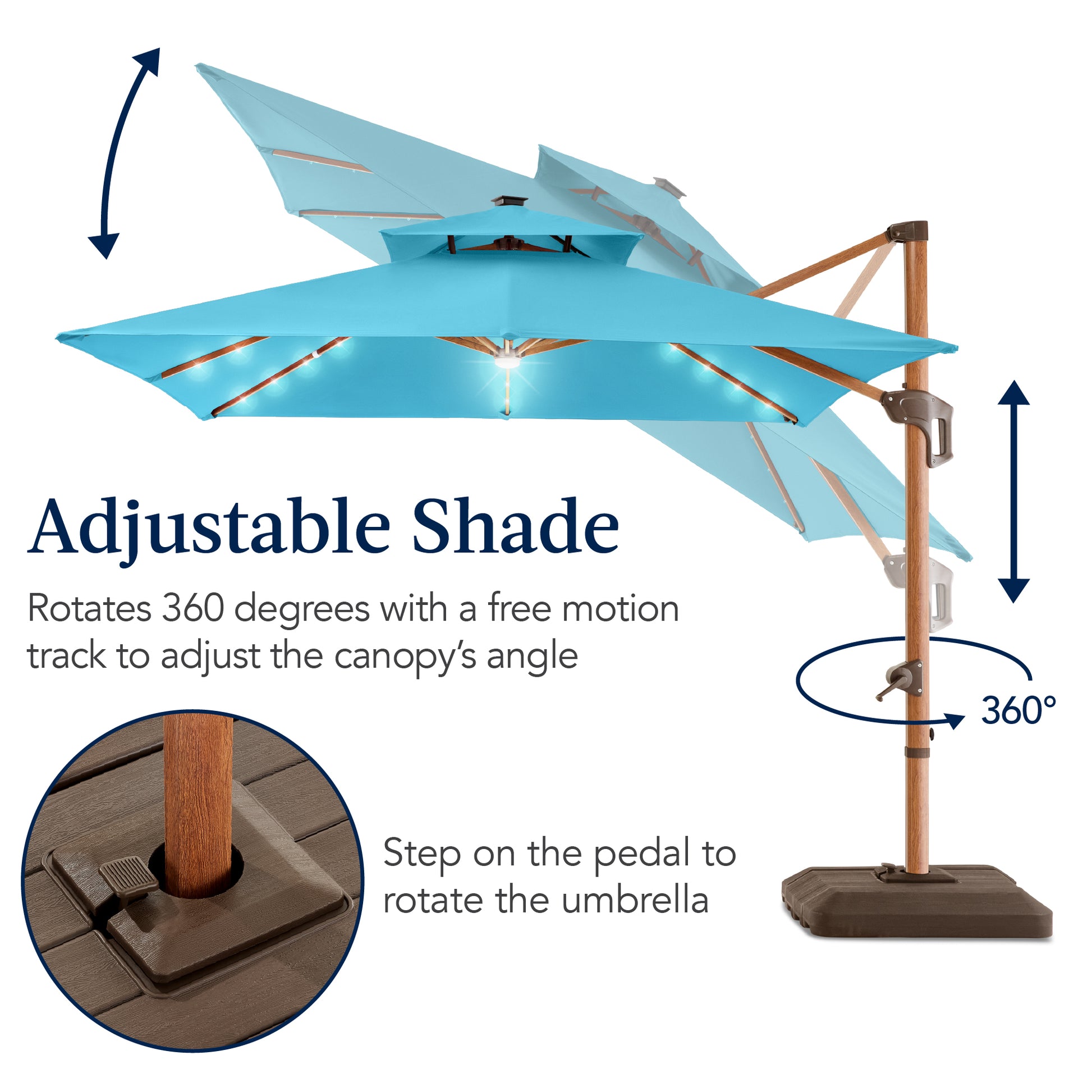 free patio umbrella Best Choice Products 10ft Square Woodgrain Pattern 2-Tier Outdoor Solar LED Cantilever Umbrella w/ Base