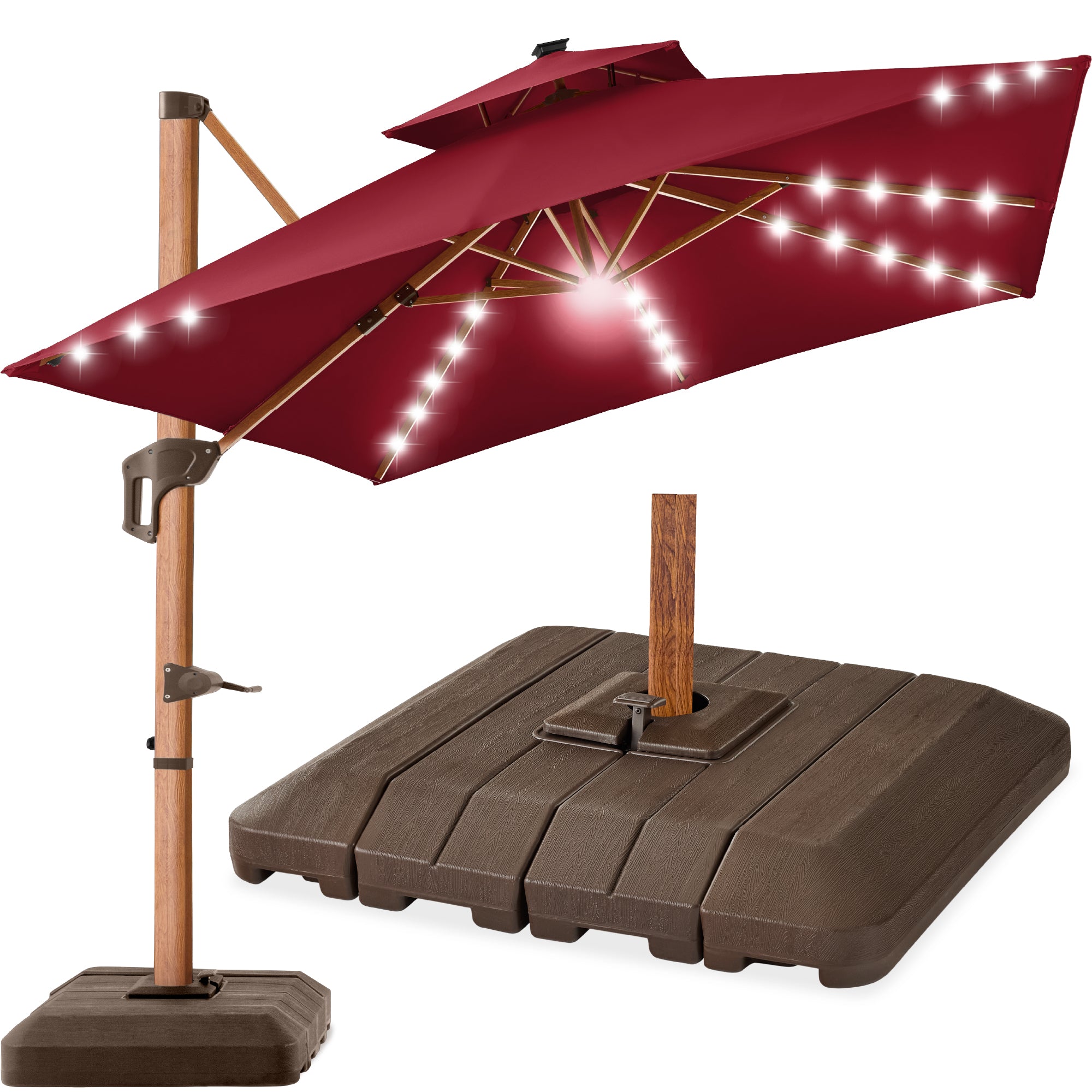 Woodgrain Pattern 2-Tier Outdoor Solar LED Cantilever Umbrella - 10x10ft