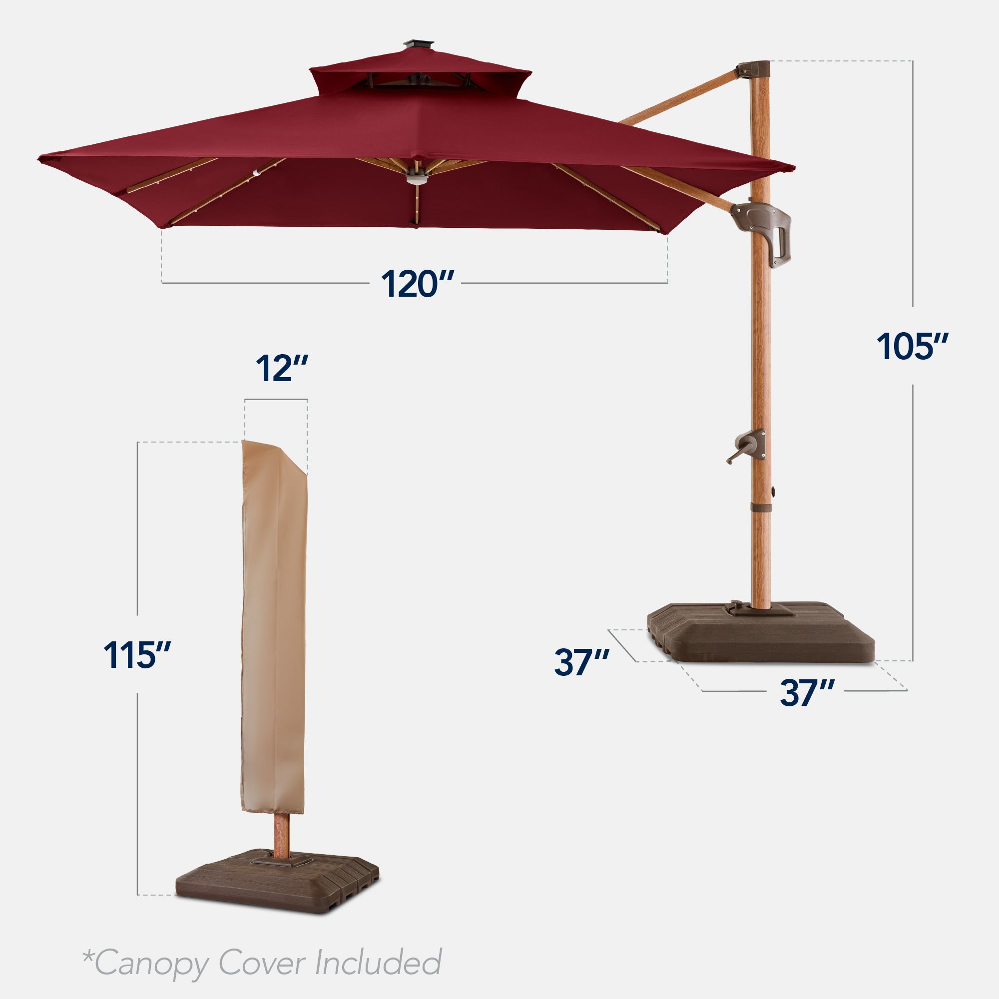 Woodgrain Pattern 2-Tier Outdoor Solar LED Cantilever Umbrella - 10x10ft