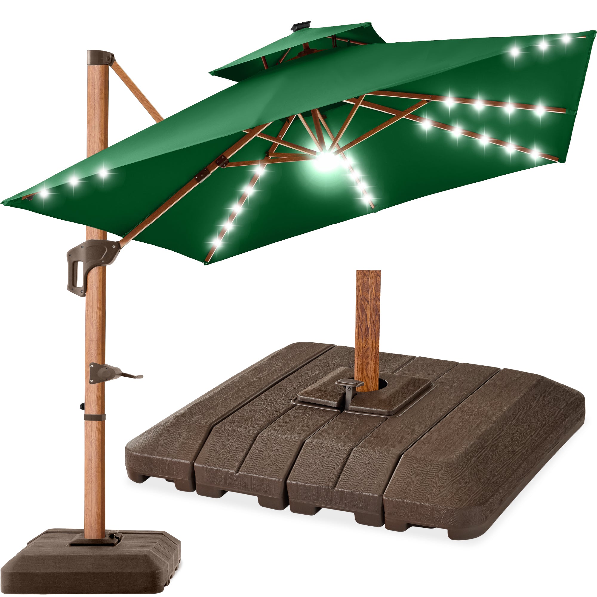 Woodgrain Pattern 2-Tier Outdoor Solar LED Cantilever Umbrella - 10x10ft