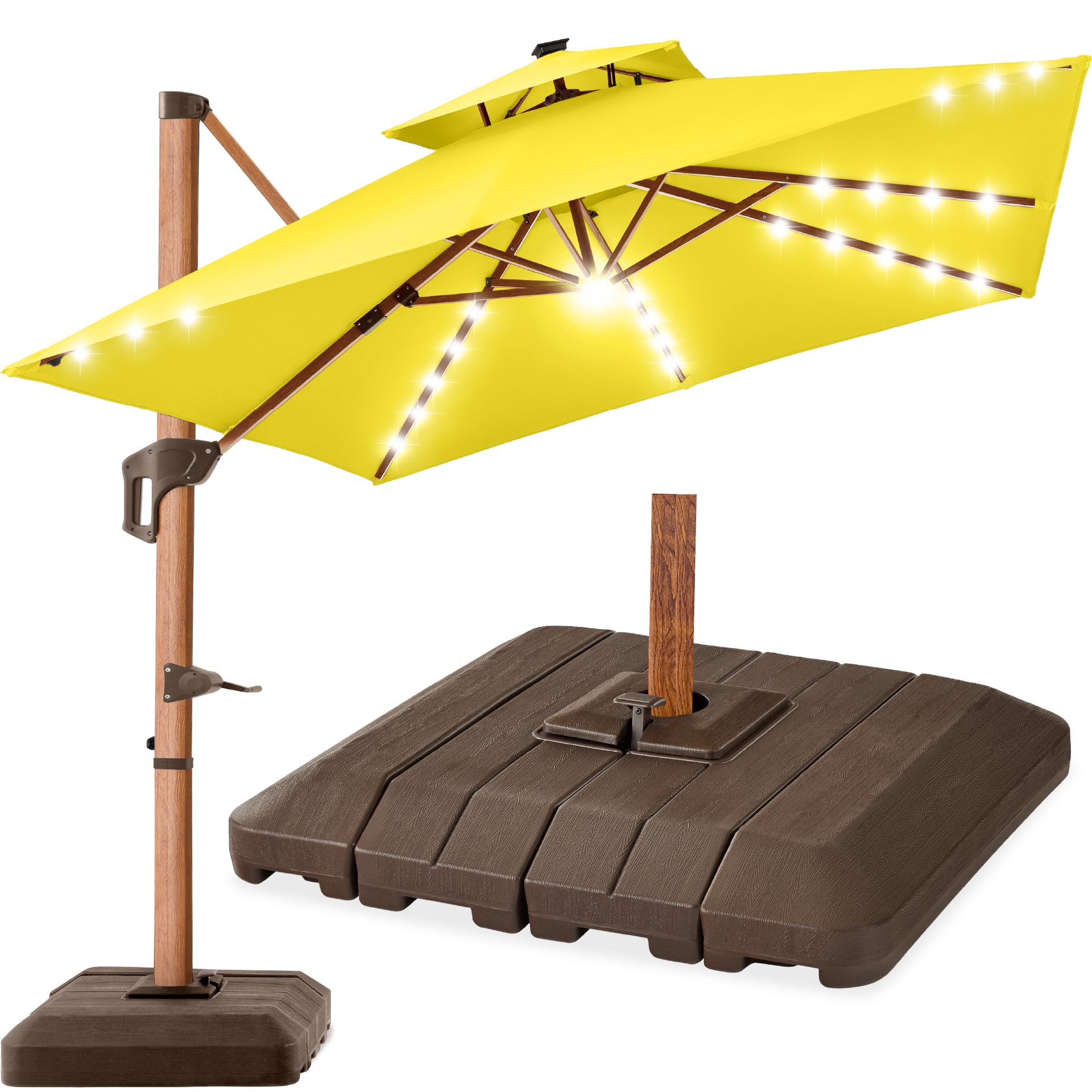 Woodgrain Pattern 2-Tier Outdoor Solar LED Cantilever Umbrella