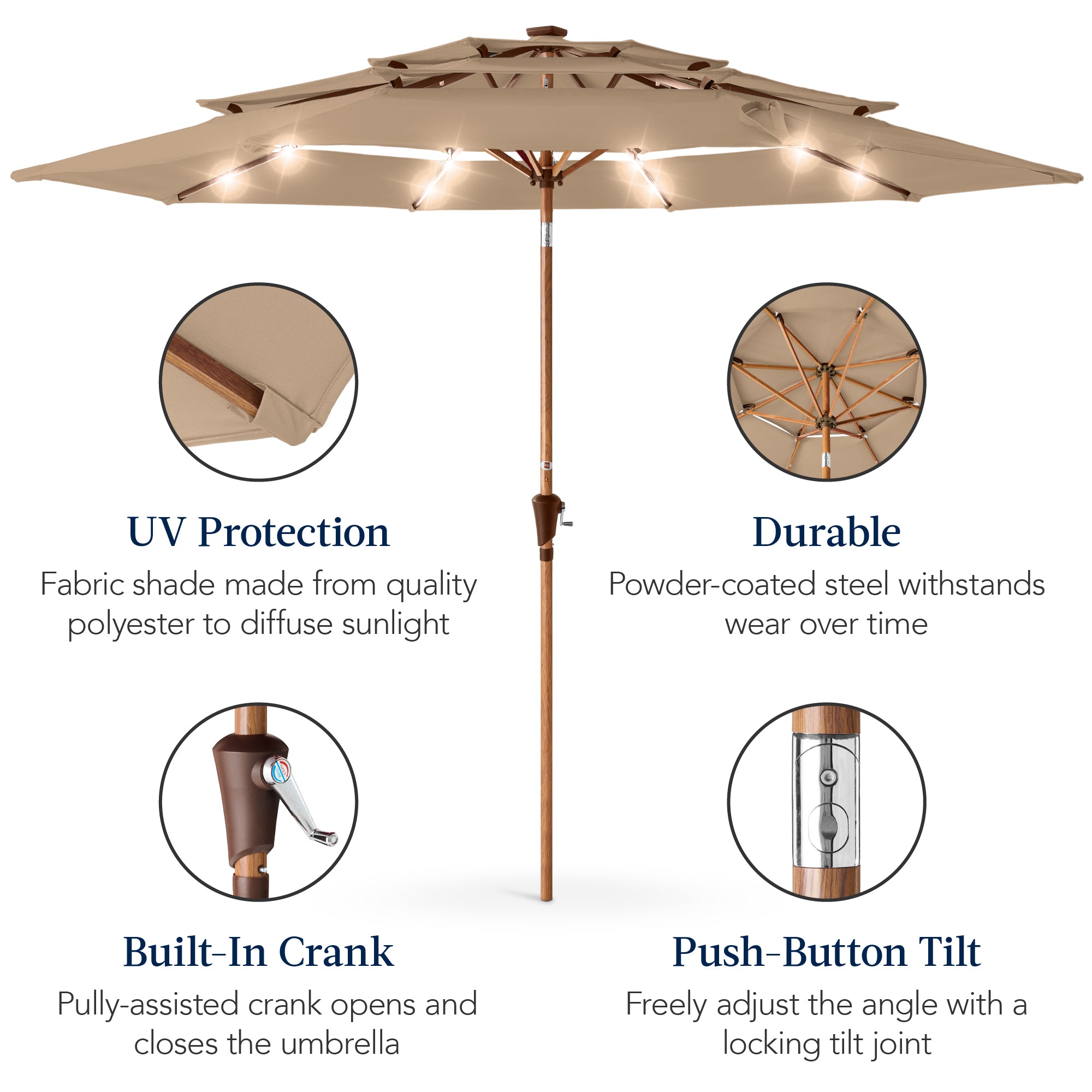 3-Tier Woodgrain Pattern Solar Patio Umbrella, Tilt Adjustment - 10ft