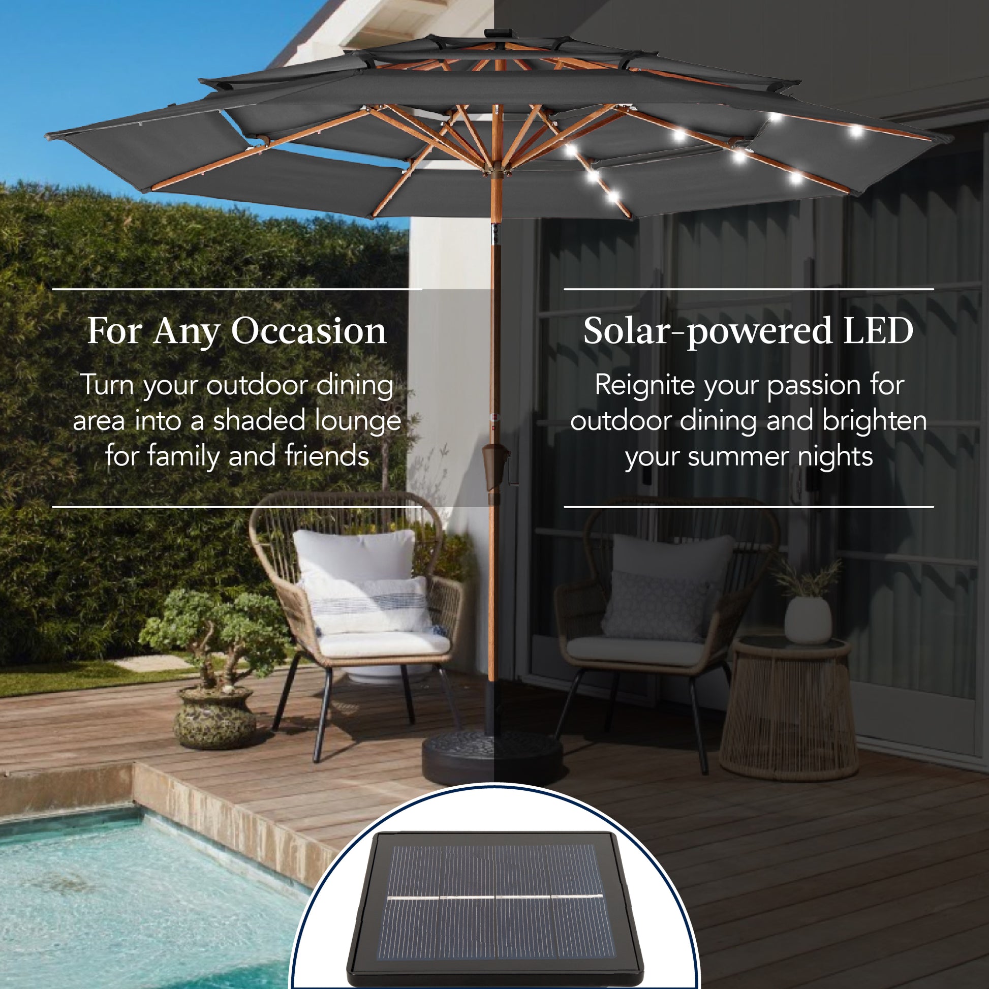 Best Choice Products Woodgrain Pattern 10ft 3-Tier Solar Patio Umbrella w/ 24 LED Lights, Tilt Best Choice Products Woodgrain Pattern 10ft 3-Tier Solar Patio Umbrella w/ 24 LED Lights, Tilt