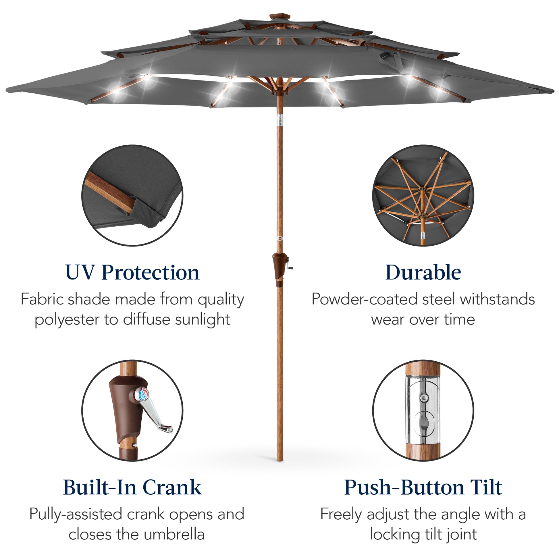 durable tilting patio umbrella Best Choice Products Woodgrain Pattern 10ft 3-Tier Solar Patio Umbrella w/ 24 LED Lights, Tilt