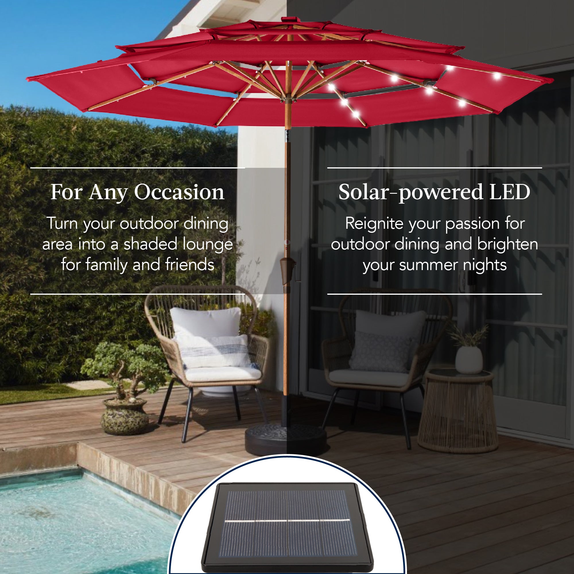 3-Tier Woodgrain Pattern Solar Patio Umbrella, Tilt Adjustment - 10ft