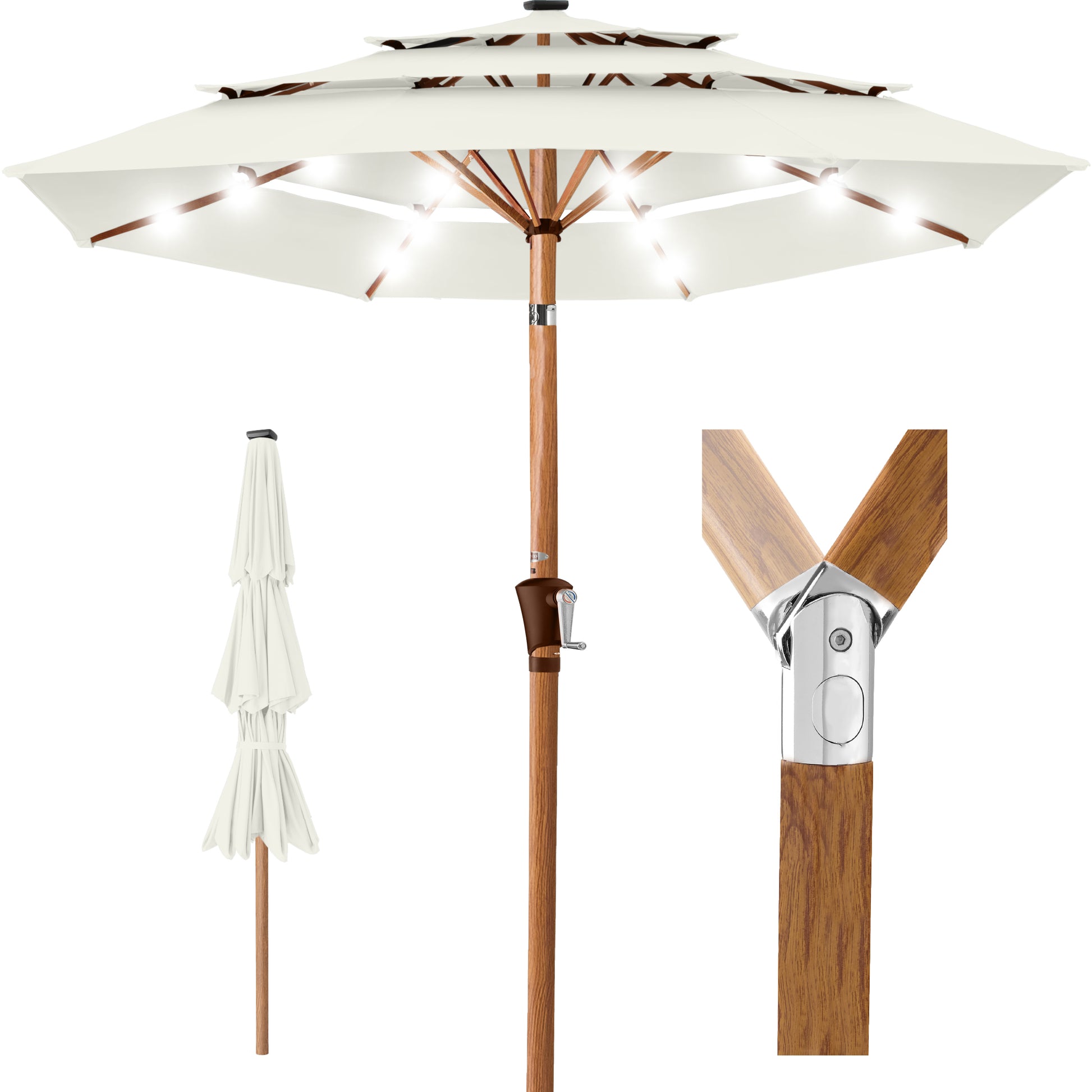3-Tier Woodgrain Pattern Solar Patio Umbrella, Tilt Adjustment - 10ft