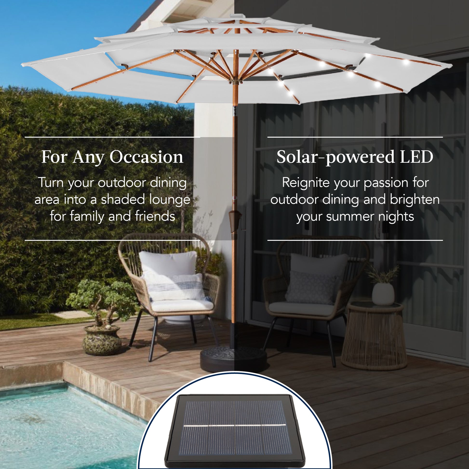 3-Tier Woodgrain Pattern Solar Patio Umbrella, Tilt Adjustment - 10ft