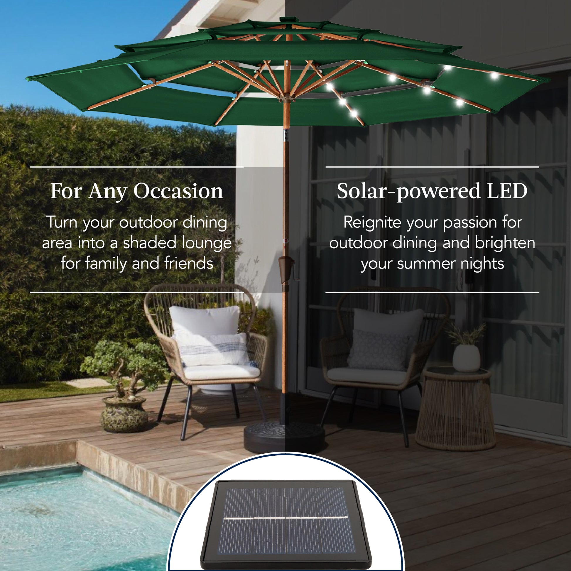 3-Tier Woodgrain Pattern Solar Patio Umbrella, Tilt Adjustment - 10ft