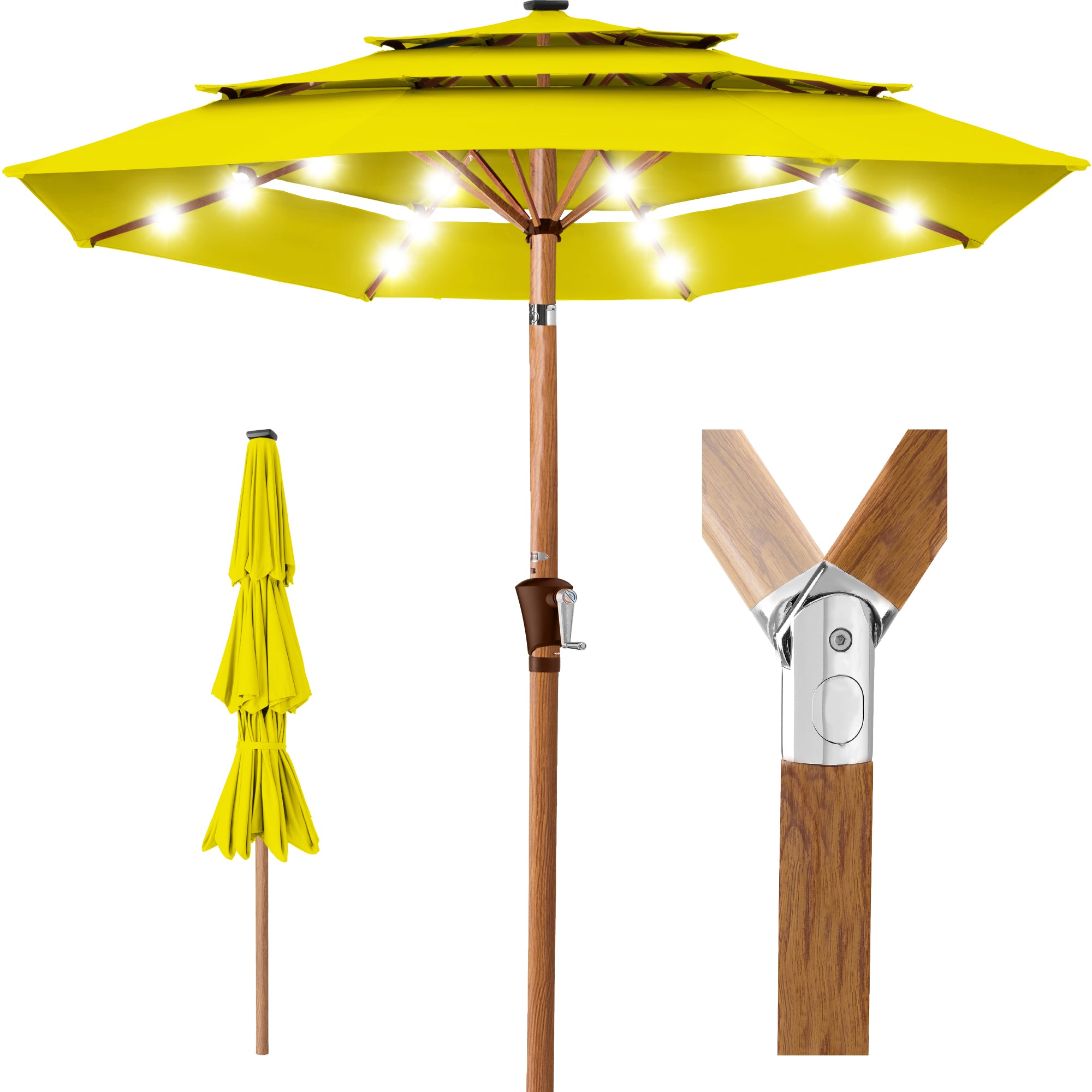 3-Tier Woodgrain Pattern Solar Patio Umbrella, Tilt Adjustment - 10ft