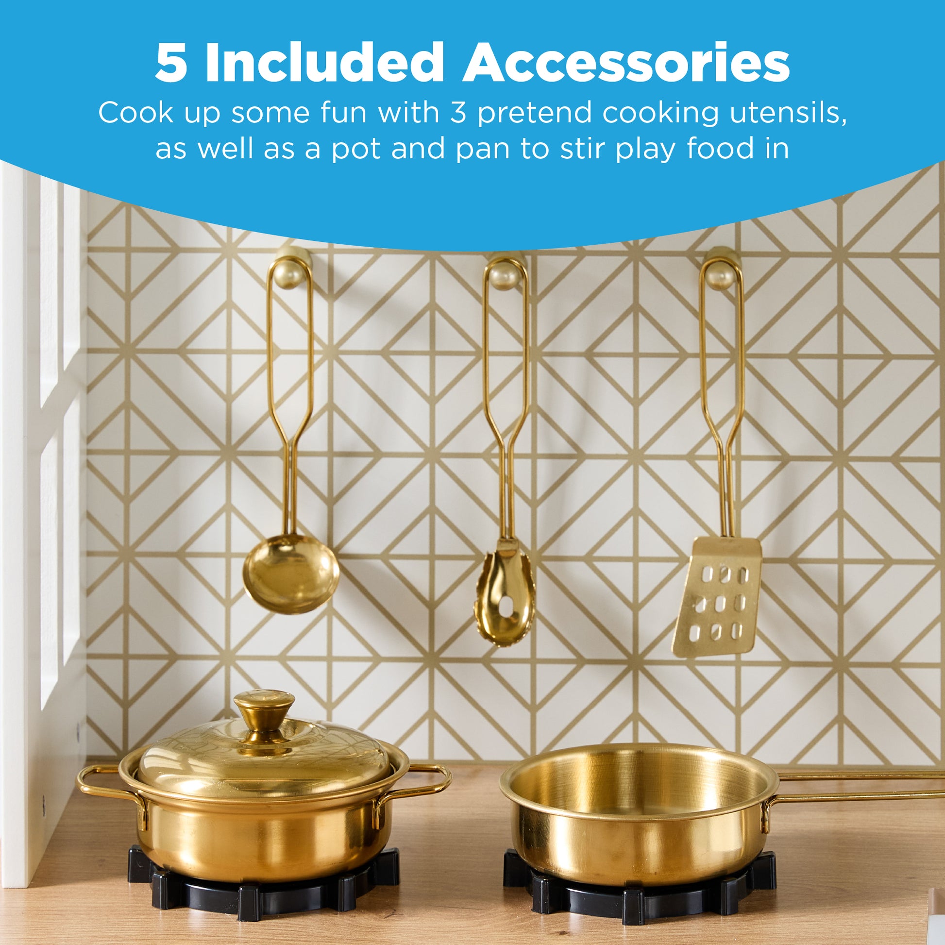 Pretend Play Wooden Farmhouse Kitchen Set w/ Storage, 5 Accessories