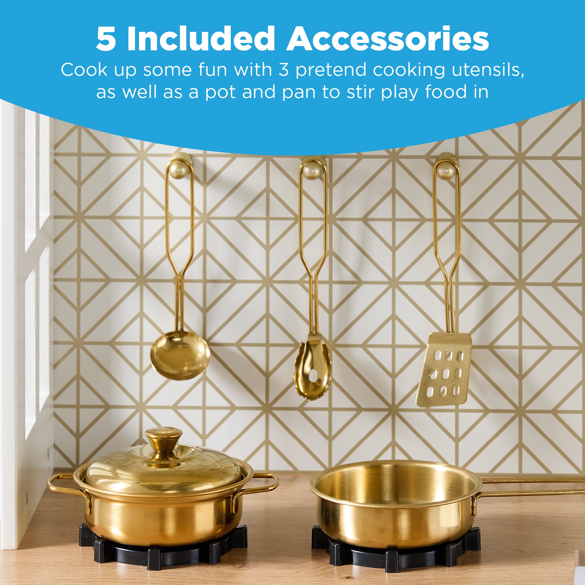 Pretend Play Wooden Farmhouse Kitchen Set w/ Storage, 5 Accessories