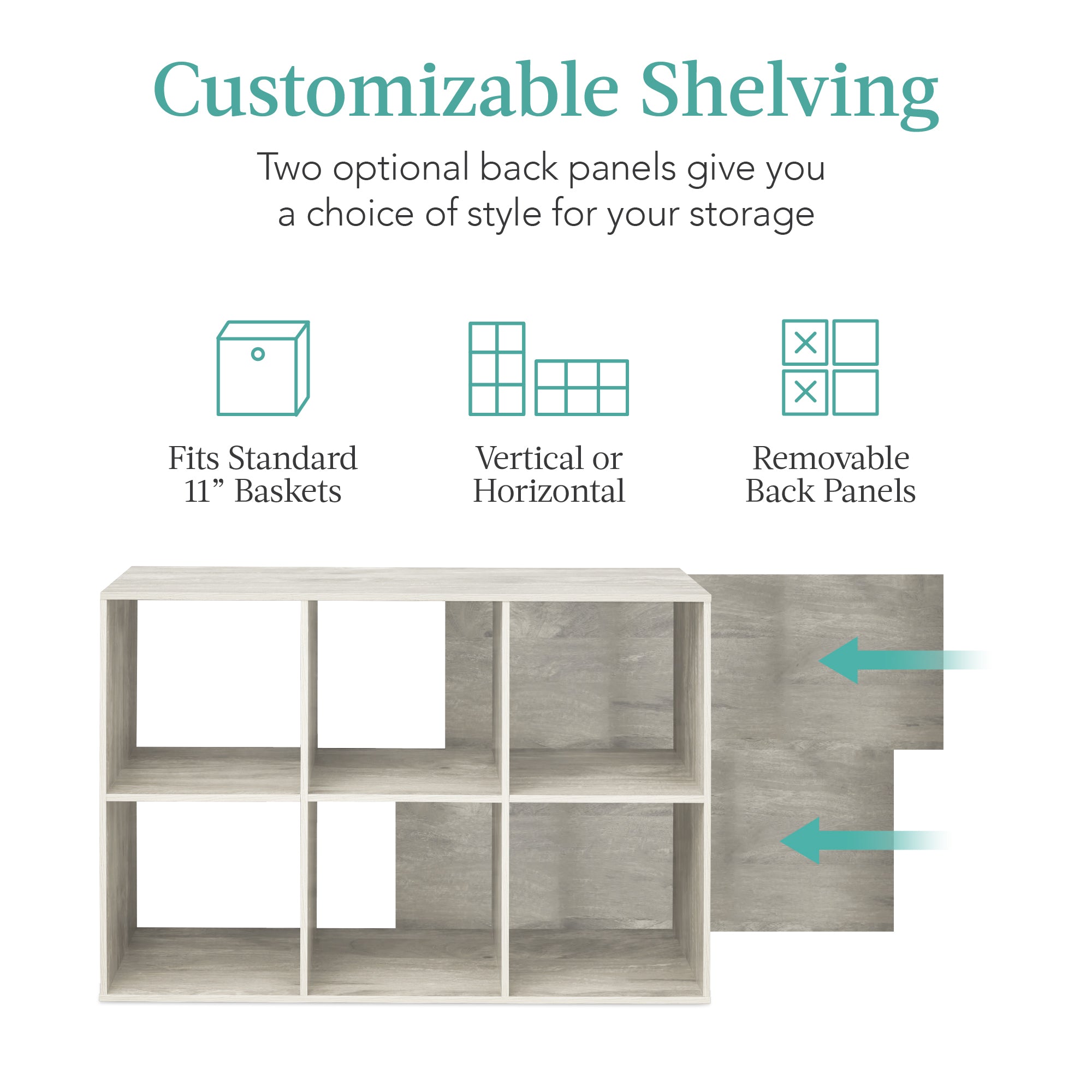 6-Cube Bookshelf, 11in Storage Display w/ Removable Panels, Customizable