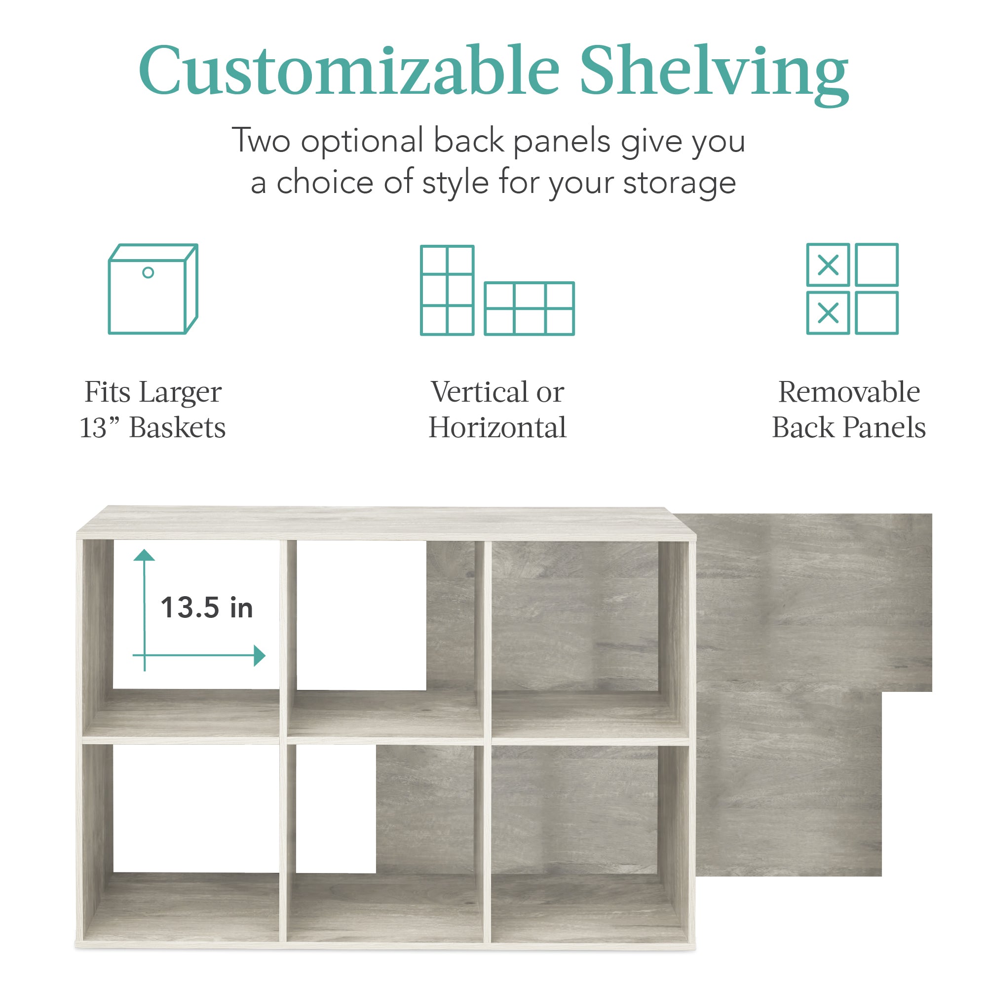 6-Cube Bookshelf, 13.5in Storage Display w/ Removable Panels, Customizable