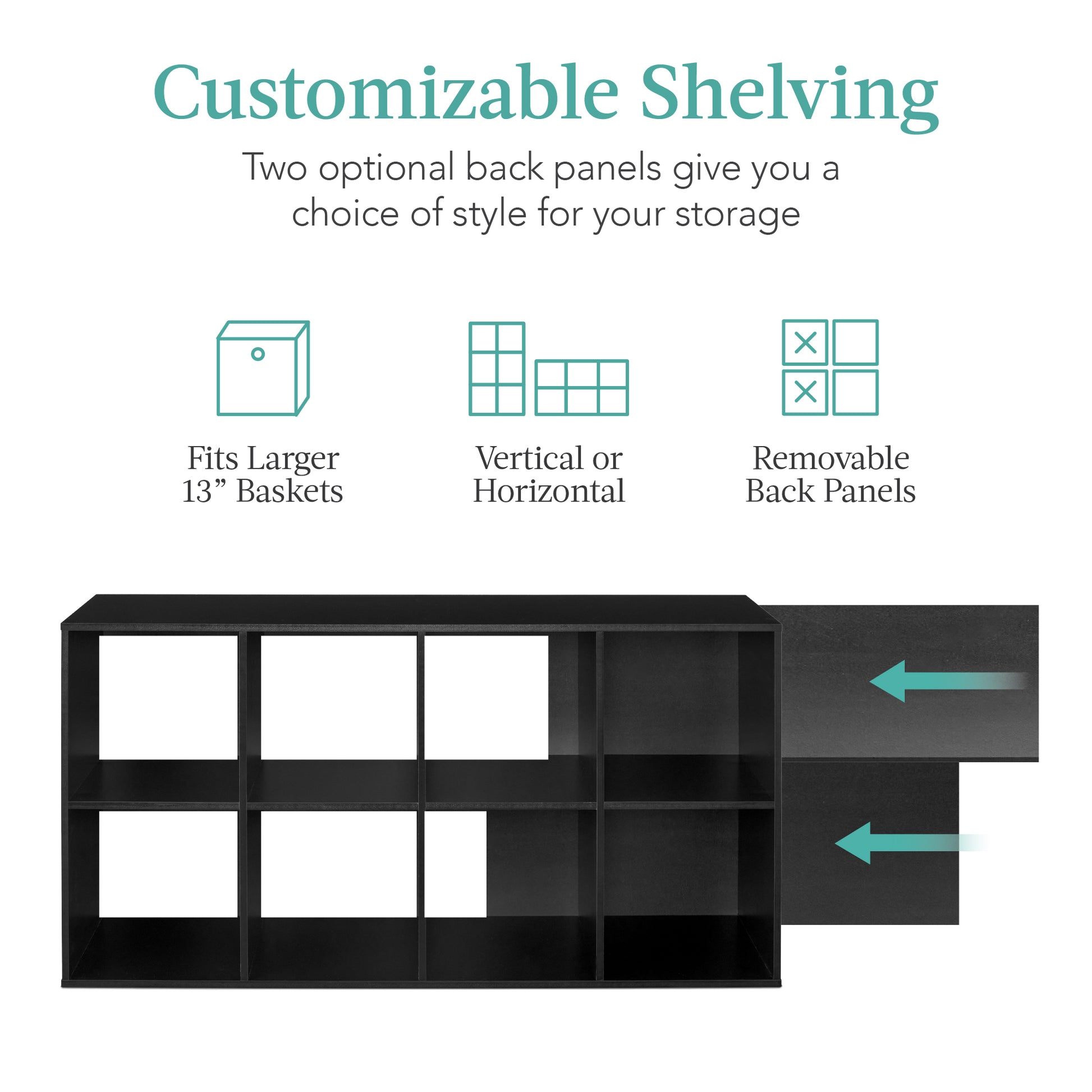 8-Cube Bookshelf, 13.5in Storage Display w/ Removable Panels, Customizable