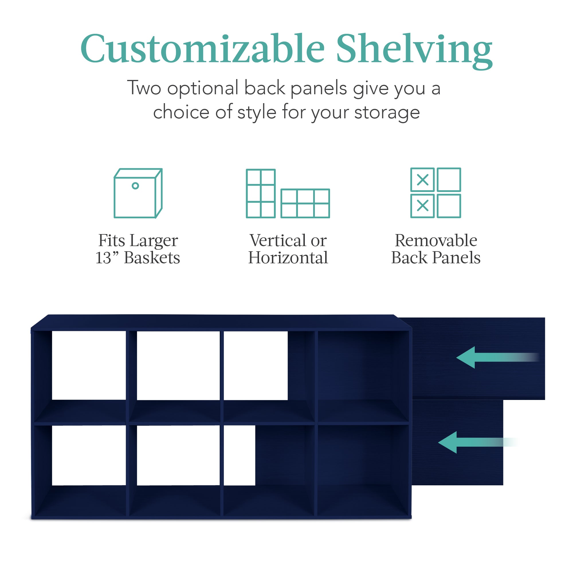 8-Cube Bookshelf, 13.5in Storage Display w/ Removable Panels, Customizable