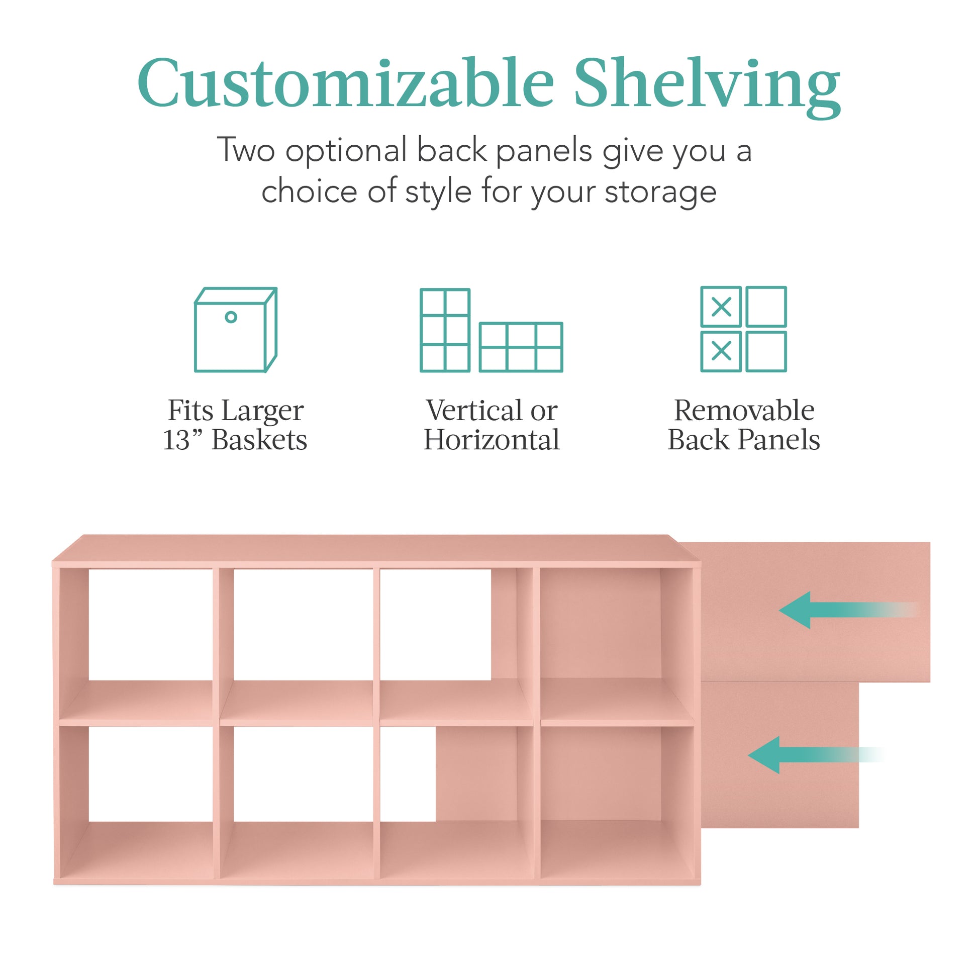 8-Cube Bookshelf, 13.5in Storage Display w/ Removable Panels, Customizable