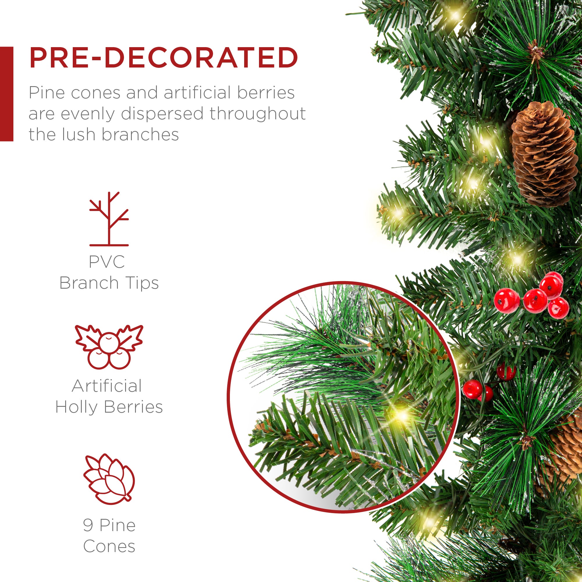 9ft Pre-Lit Christmas Garland w/ 50 Lights, Pine Cones, Berries