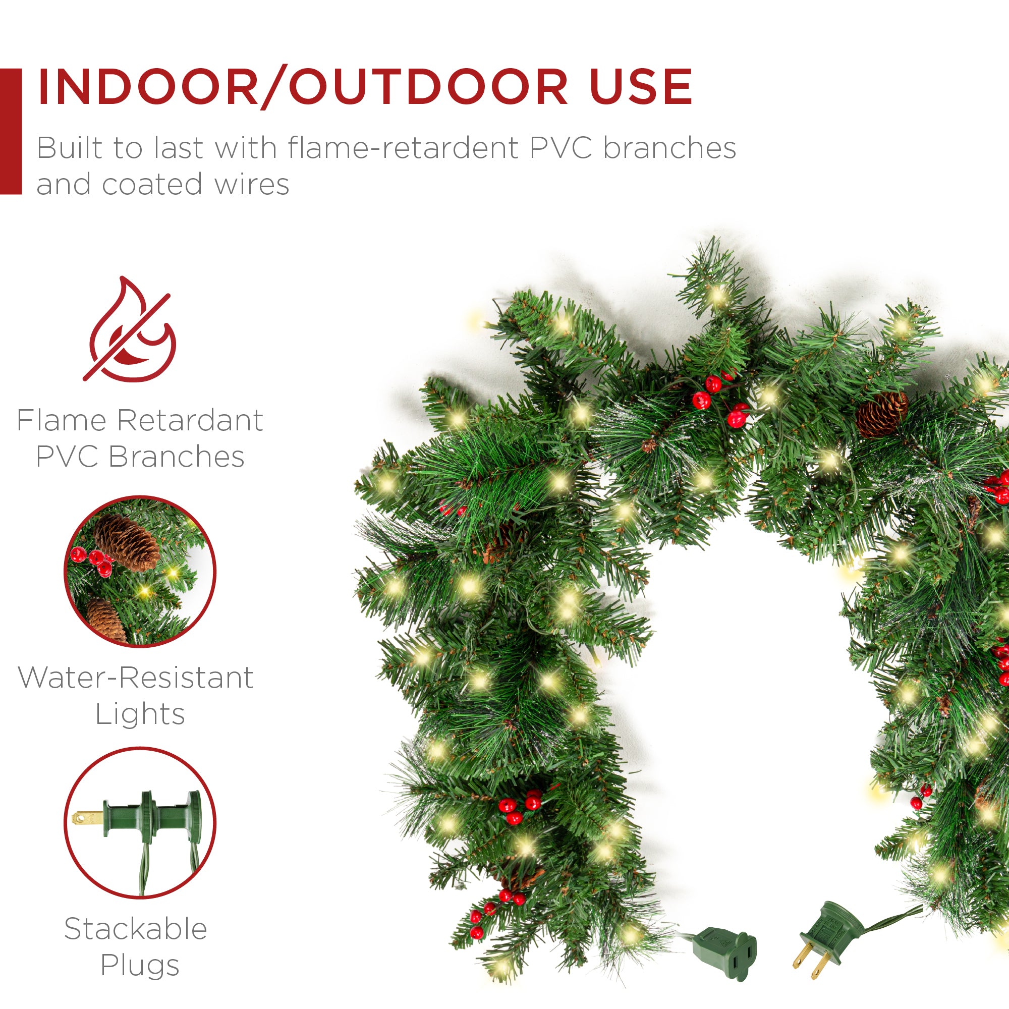 9ft Pre-Lit Christmas Garland w/ 50 Lights, Pine Cones, Berries