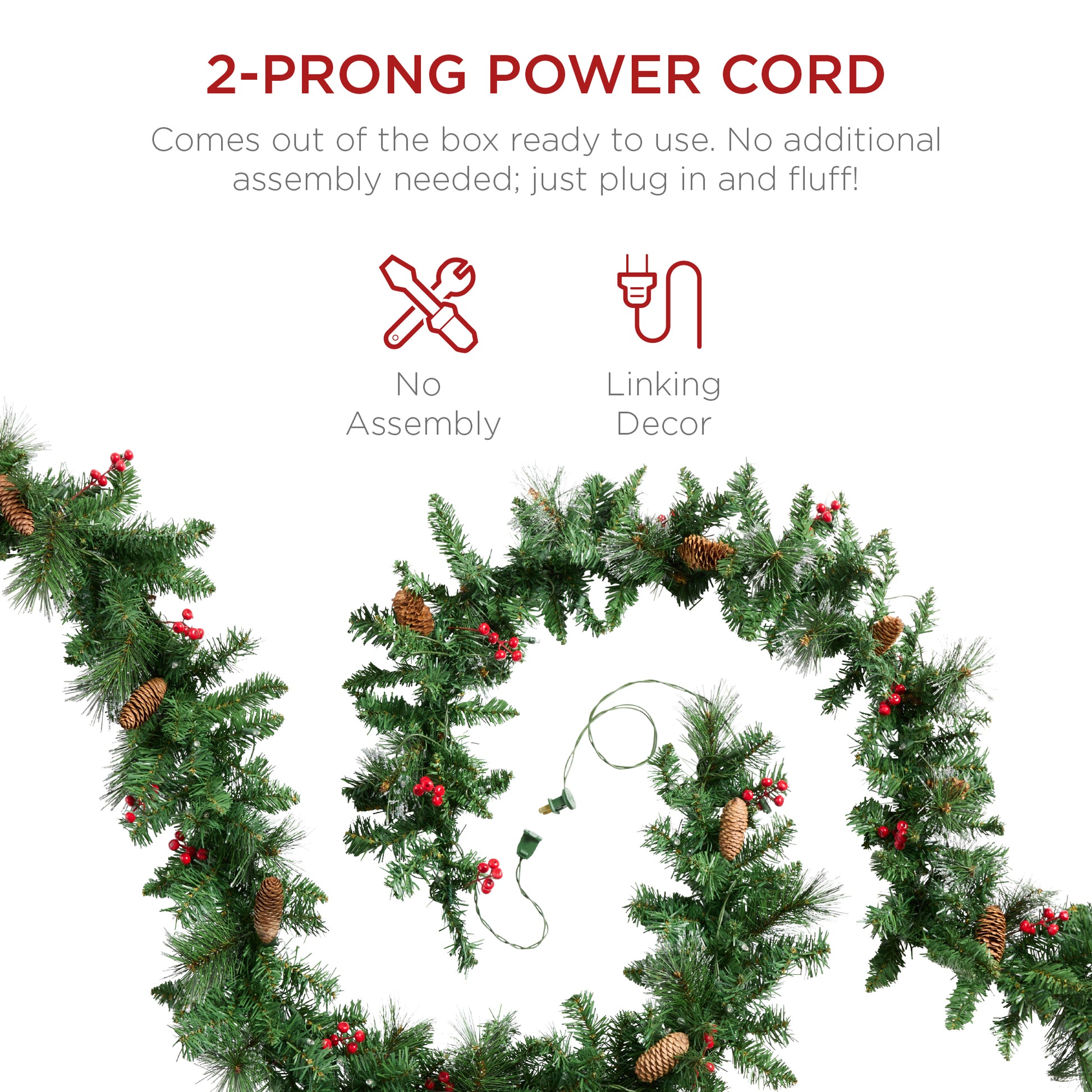 9ft Pre-Lit Christmas Garland w/ 50 Lights, Pine Cones, Berries