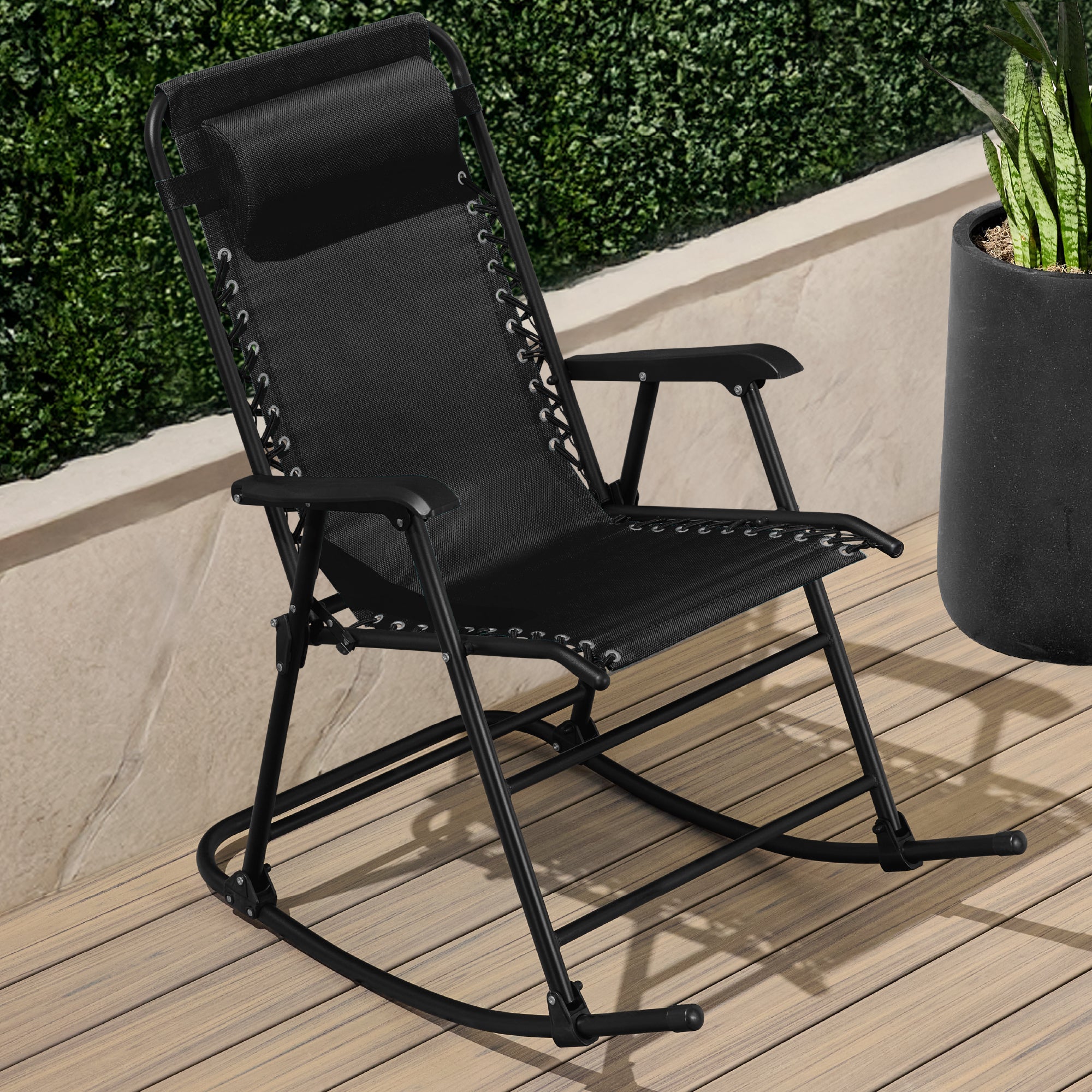 Folding Outdoor Zero Gravity Rocking Lounge Chair w/ Headrest Pillow