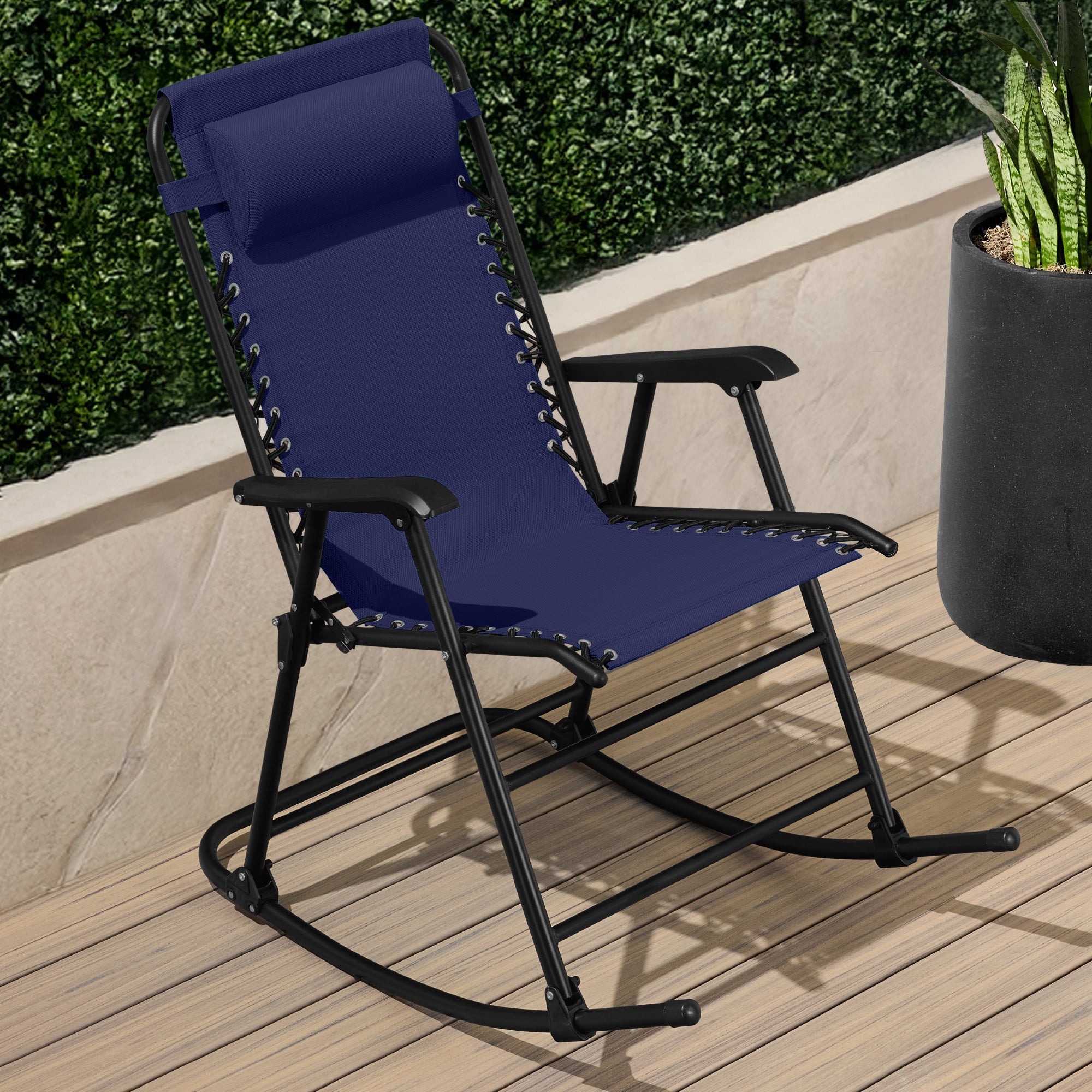Folding Outdoor Zero Gravity Rocking Lounge Chair w/ Headrest Pillow