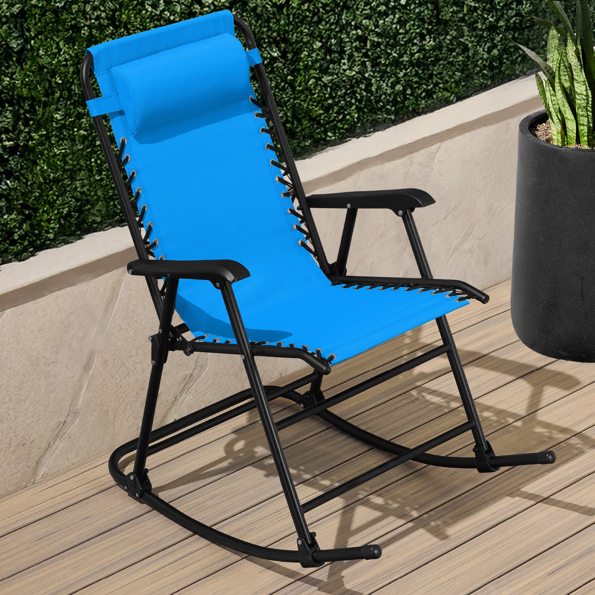 Folding Outdoor Zero Gravity Rocking Lounge Chair w/ Headrest Pillow