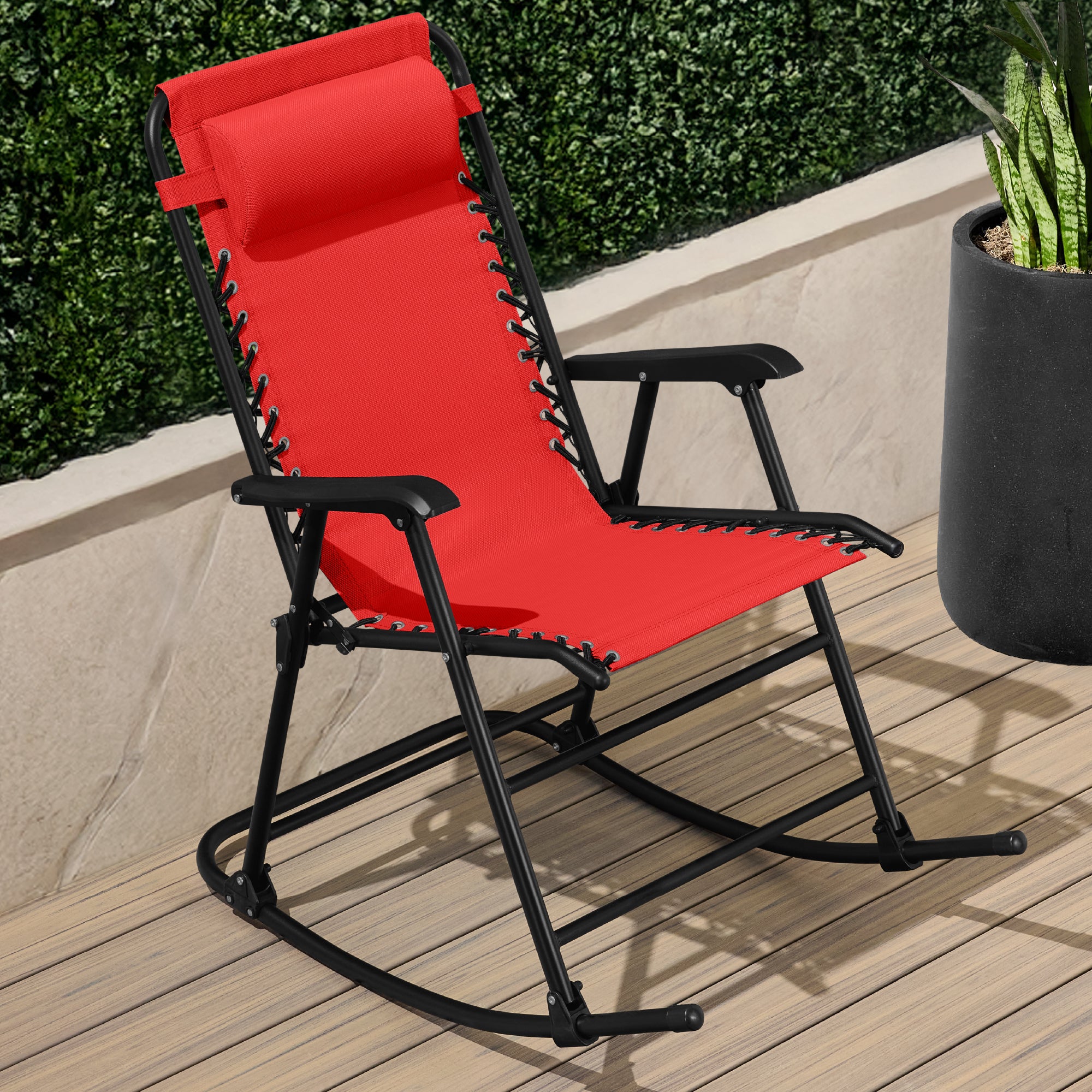 Folding Outdoor Zero Gravity Rocking Lounge Chair w/ Headrest Pillow