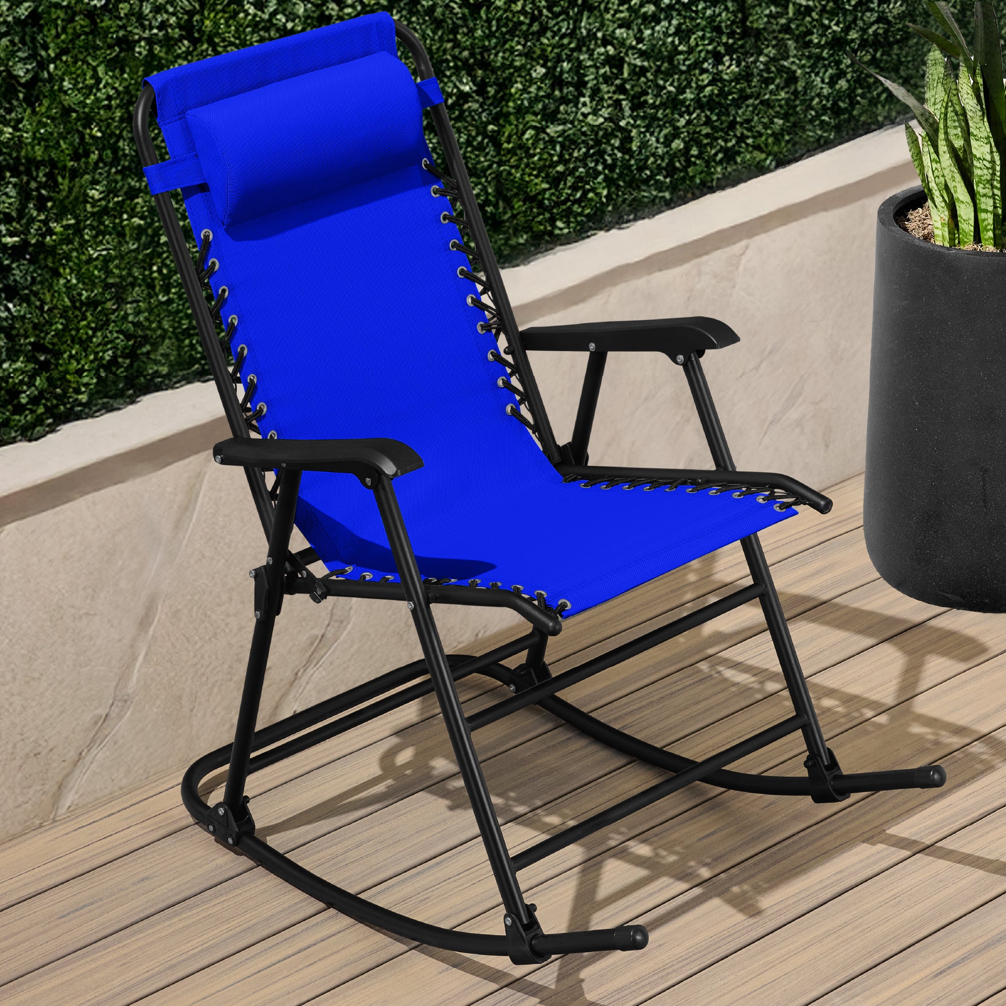 Folding Outdoor Zero Gravity Rocking Lounge Chair w/ Headrest Pillow