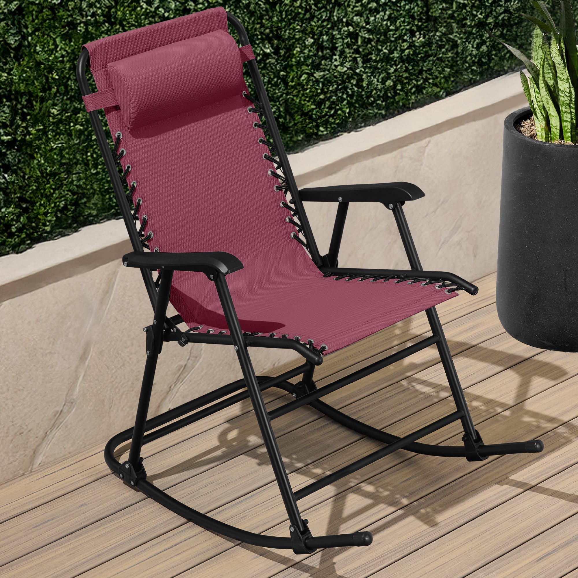 Folding Outdoor Zero Gravity Rocking Lounge Chair w/ Headrest Pillow