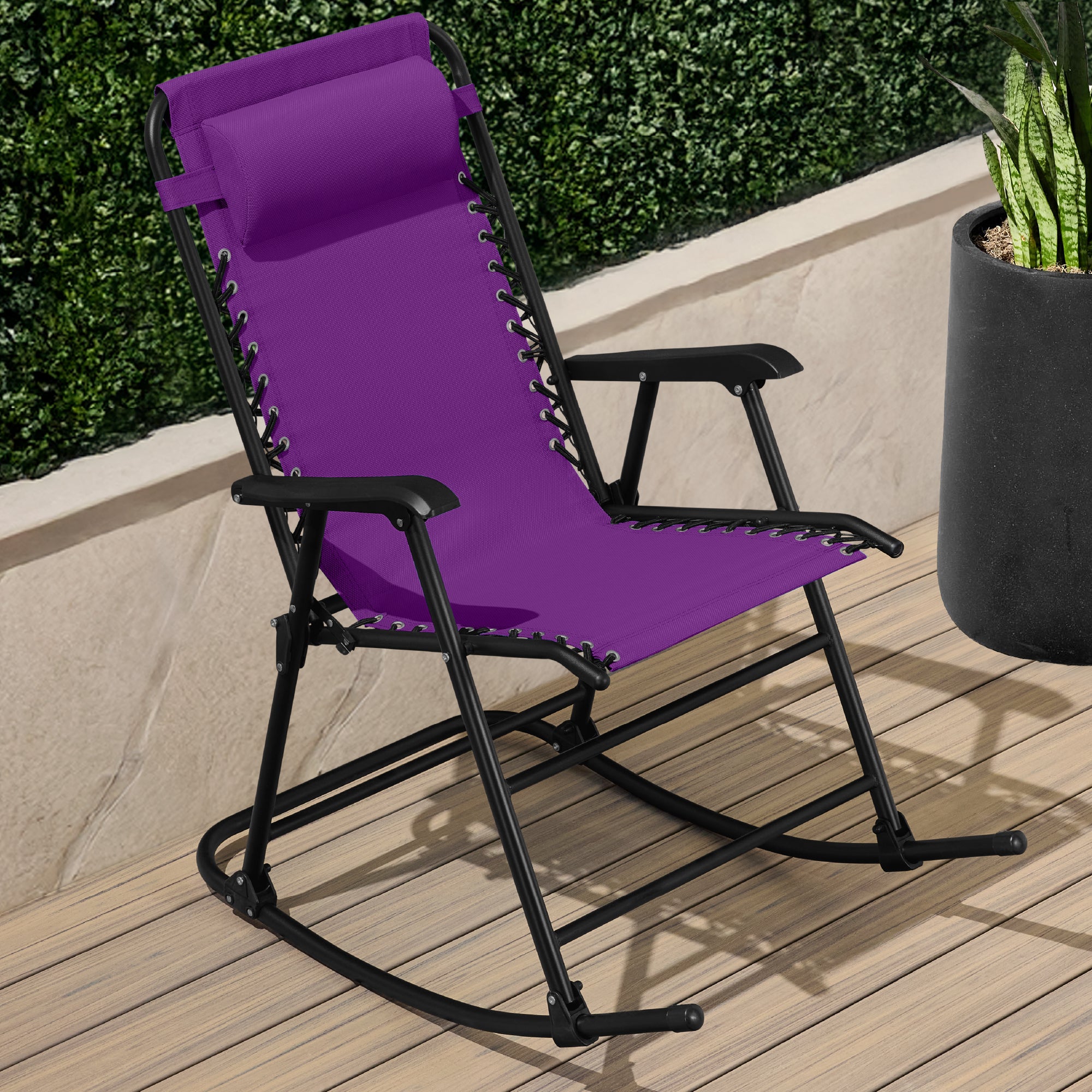 Folding Outdoor Zero Gravity Rocking Lounge Chair w/ Headrest Pillow
