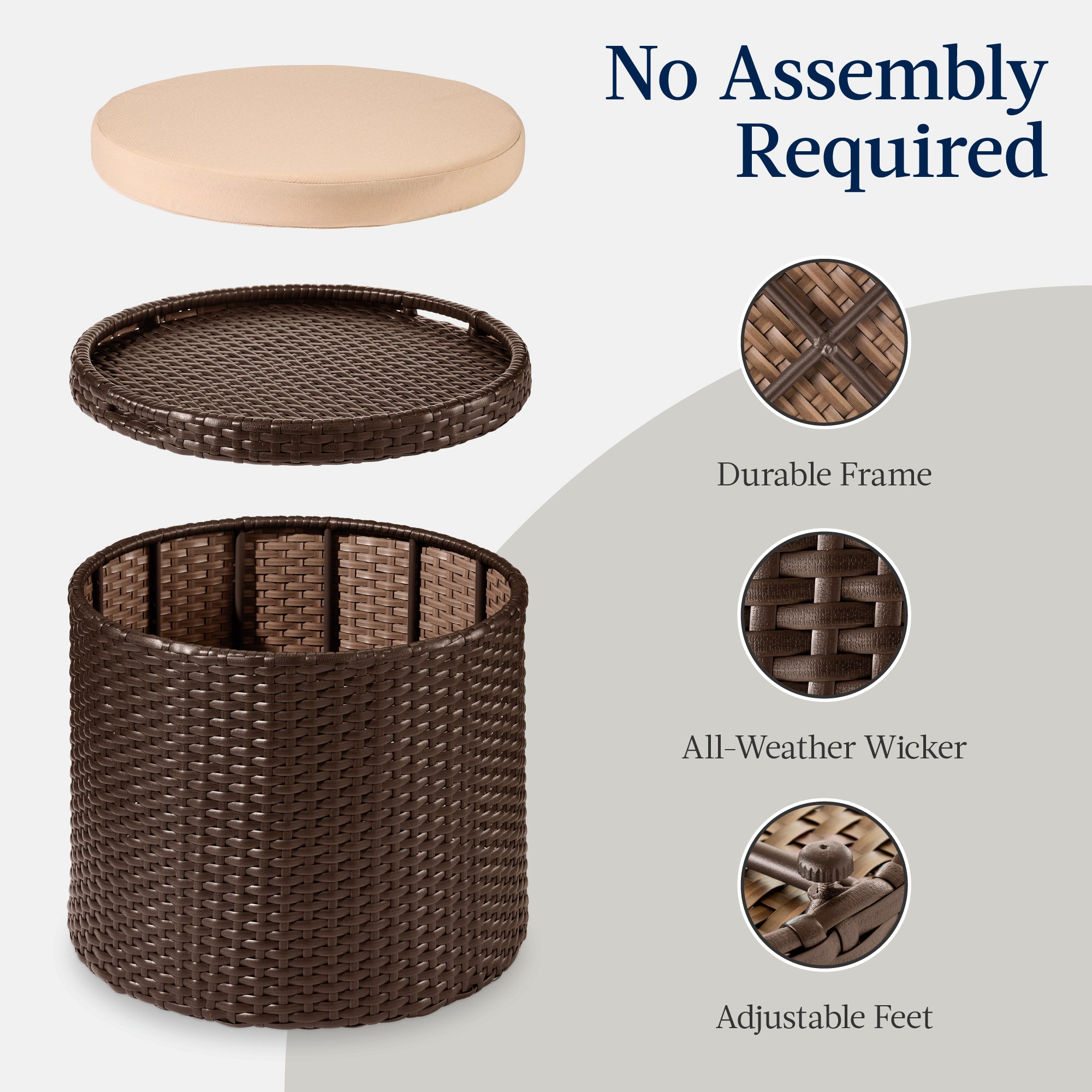 Round Wicker Ottoman, Multipurpose Furniture w/ Removable Cushion
