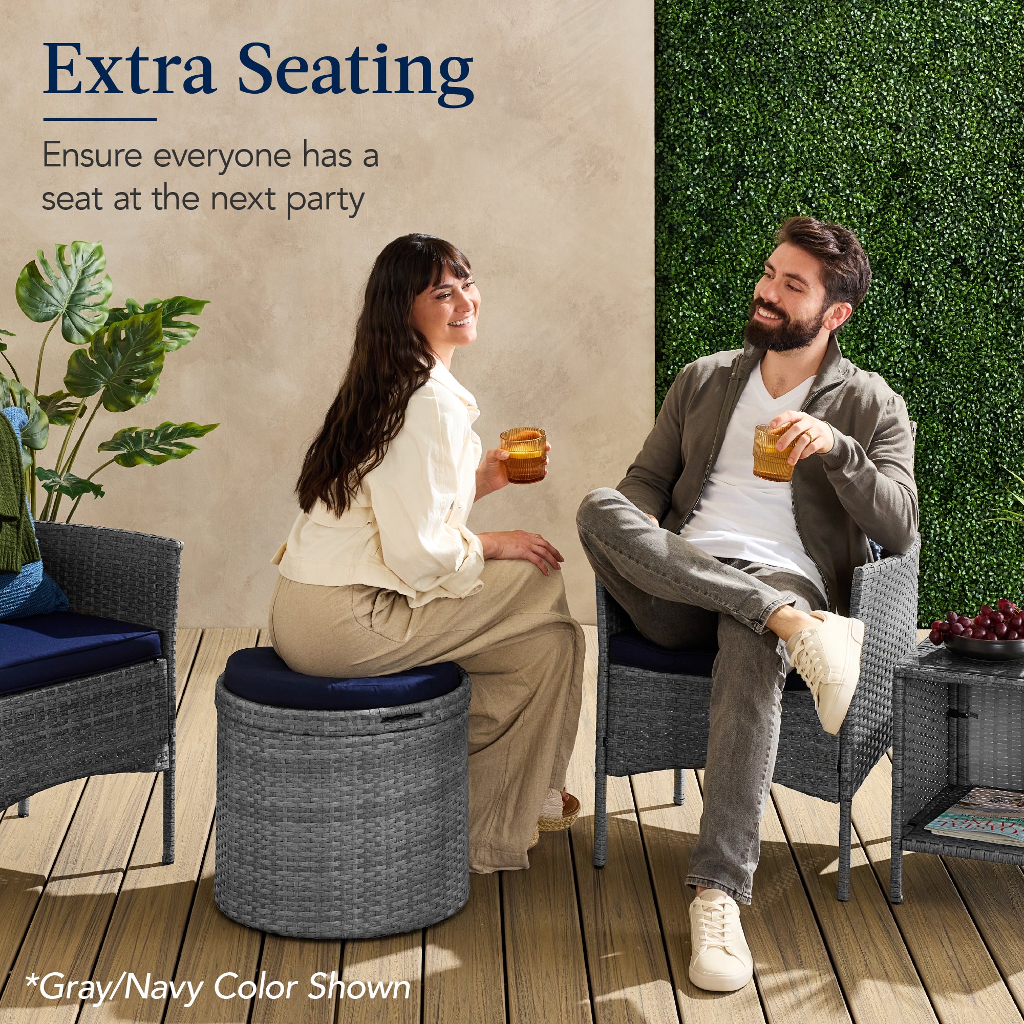 Round Wicker Ottoman, Multipurpose Furniture w/ Removable Cushion