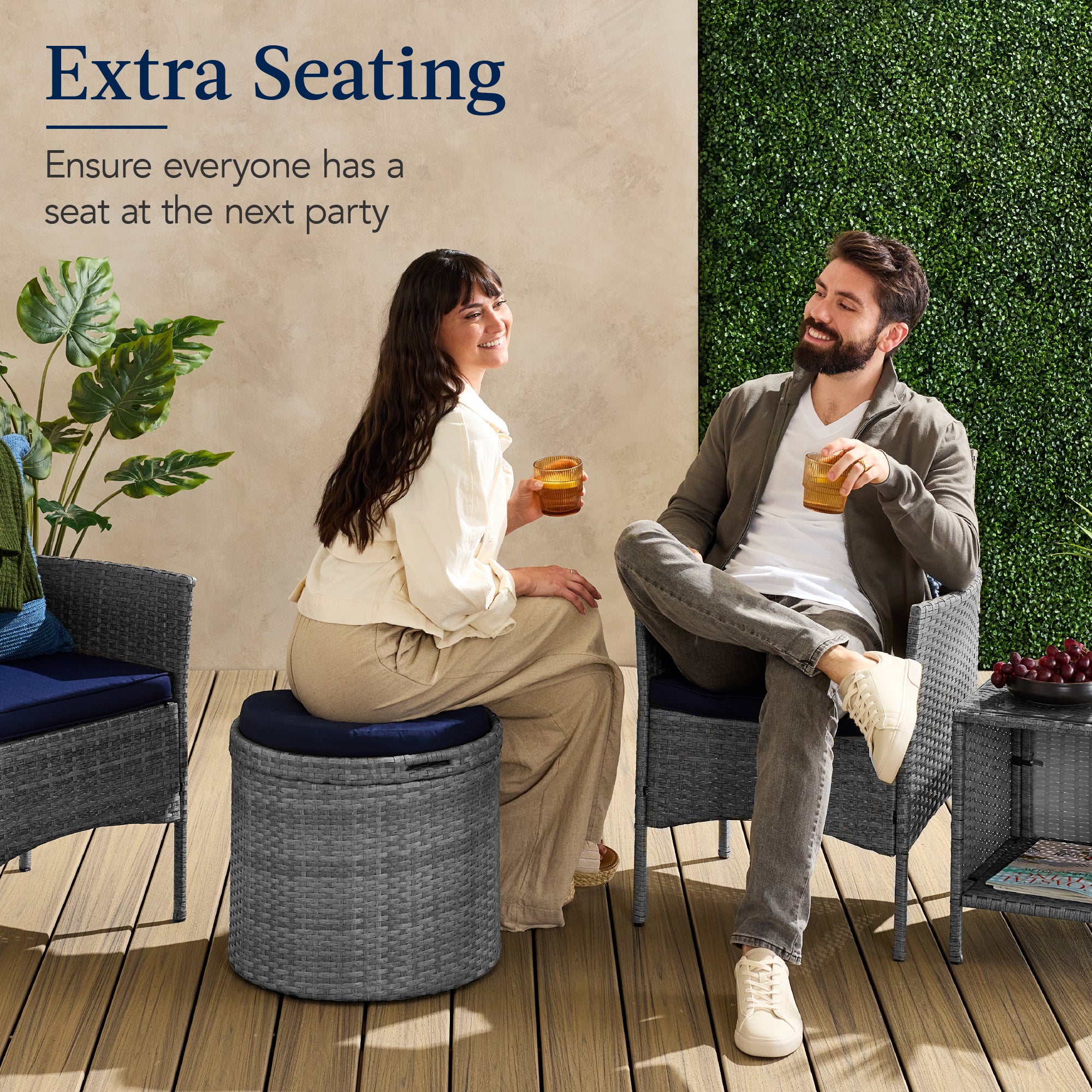 Round Wicker Ottoman, Multipurpose Furniture w/ Removable Cushion