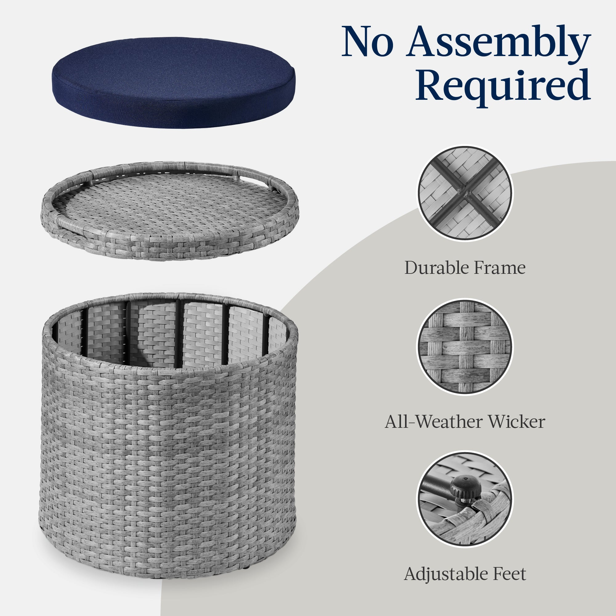 Round Wicker Ottoman, Multipurpose Furniture w/ Removable Cushion
