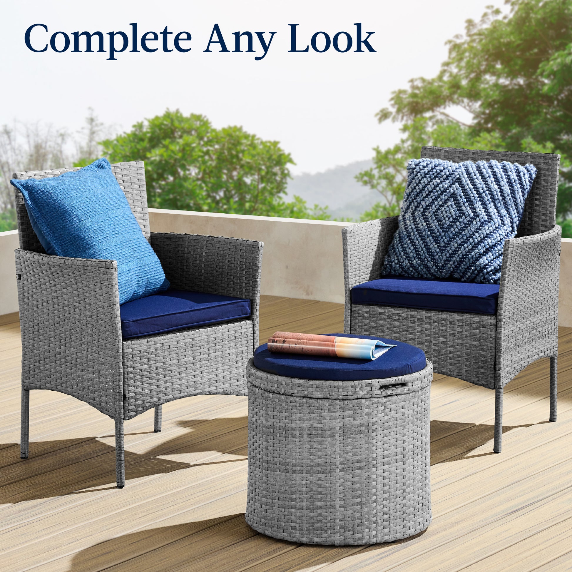 Round Wicker Ottoman, Multipurpose Furniture w/ Removable Cushion