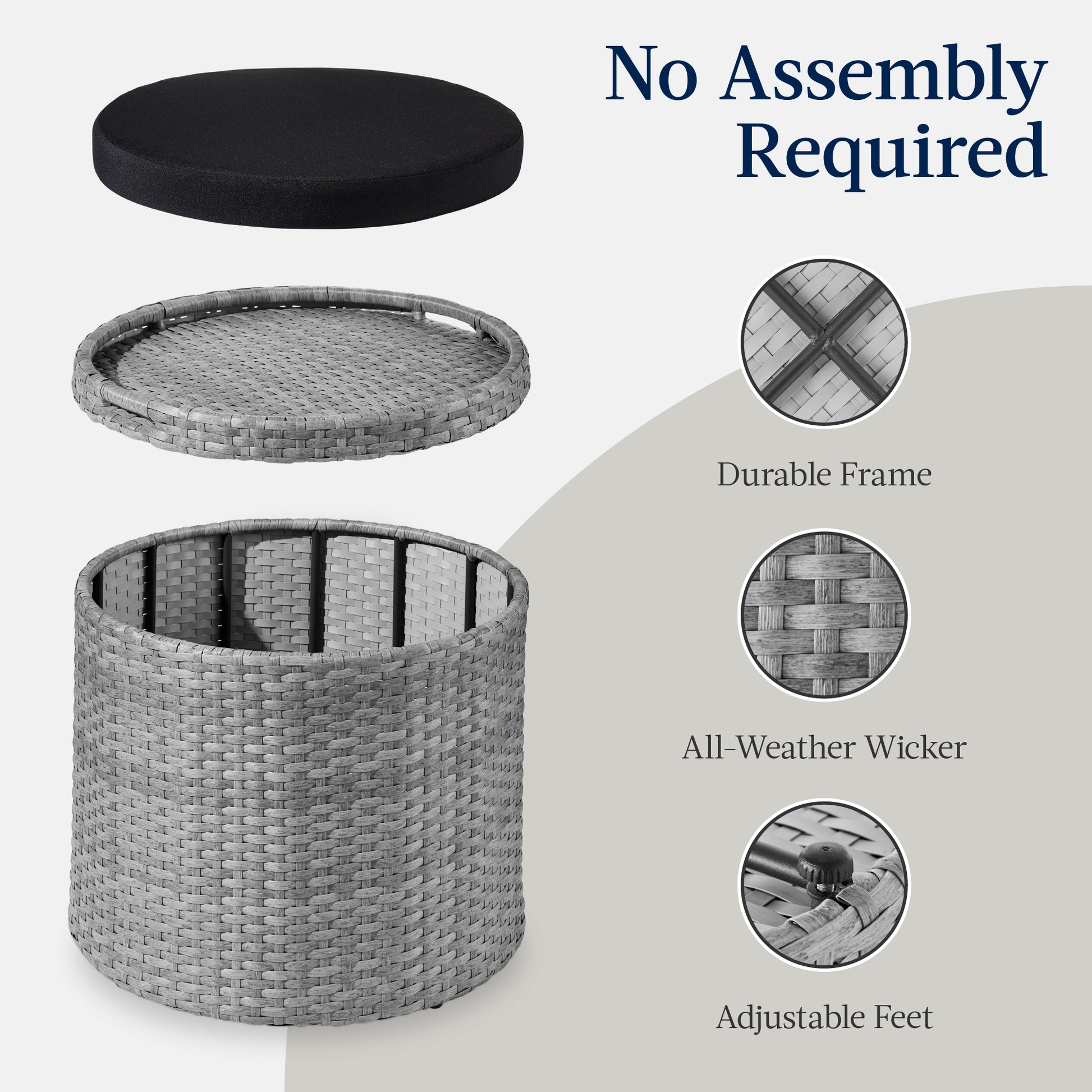Round Wicker Ottoman, Multipurpose Furniture w/ Removable Cushion