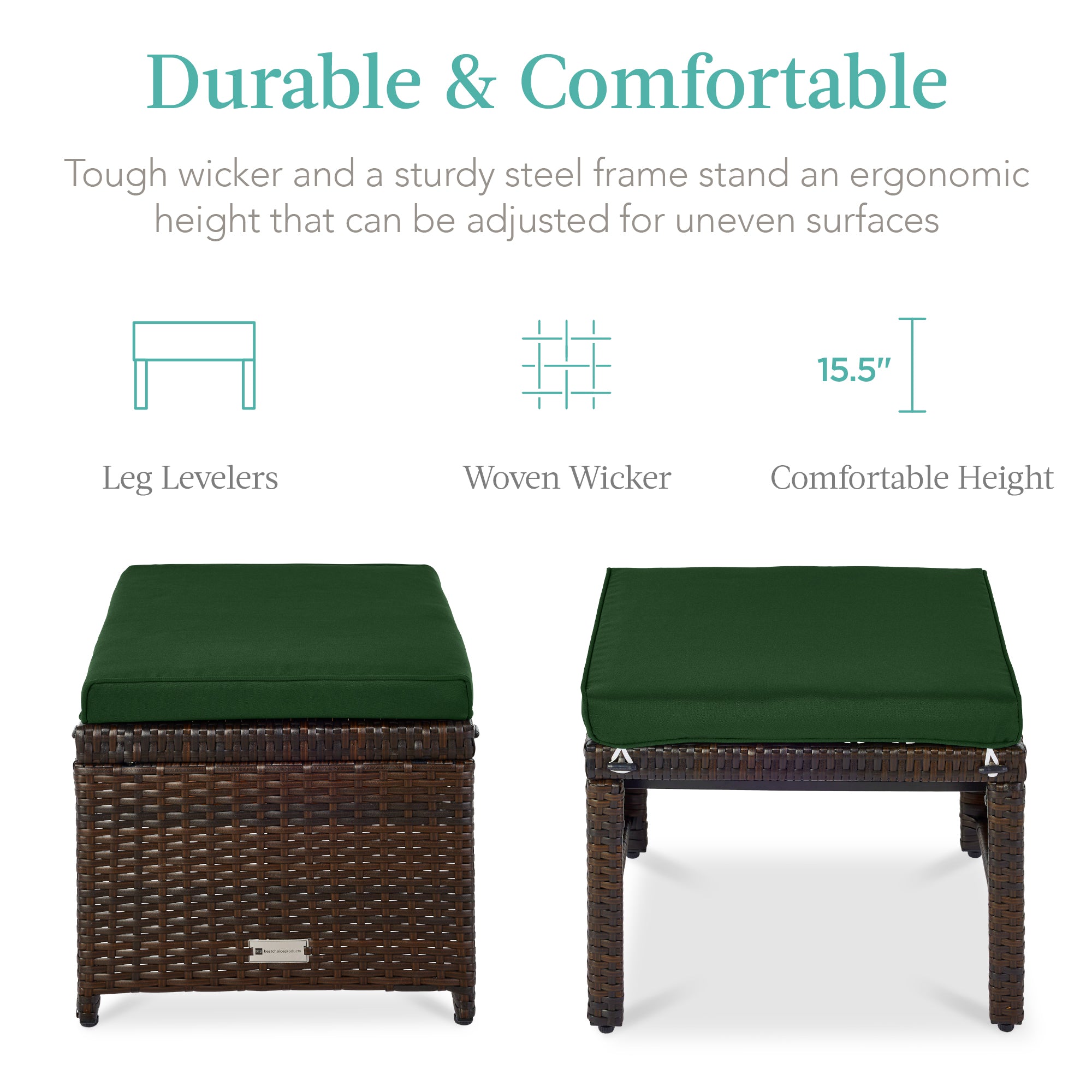 Set of 2 Multipurpose Wicker Ottomans w/ Removable Cushions, Steel Frame