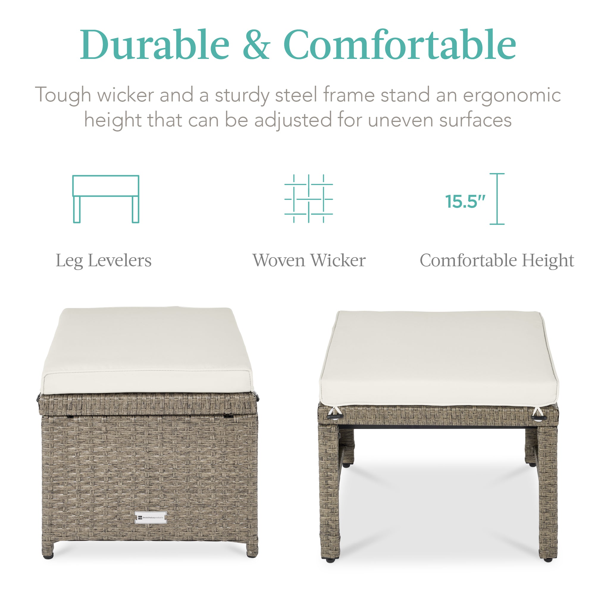Set of 2 Multipurpose Wicker Ottomans w/ Removable Cushions, Steel Frame