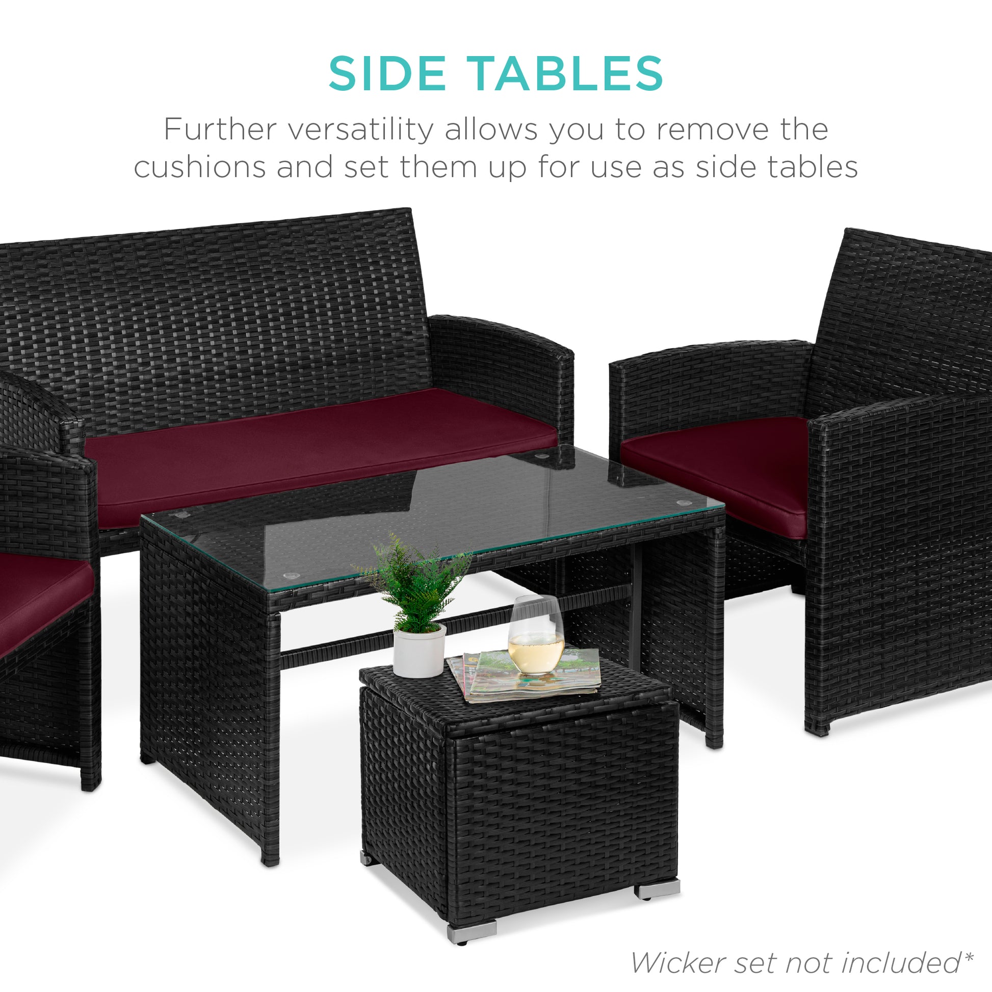 Set of 2 Wicker Ottomans, Multipurpose w/ Removable Cushions, Steel Frame
