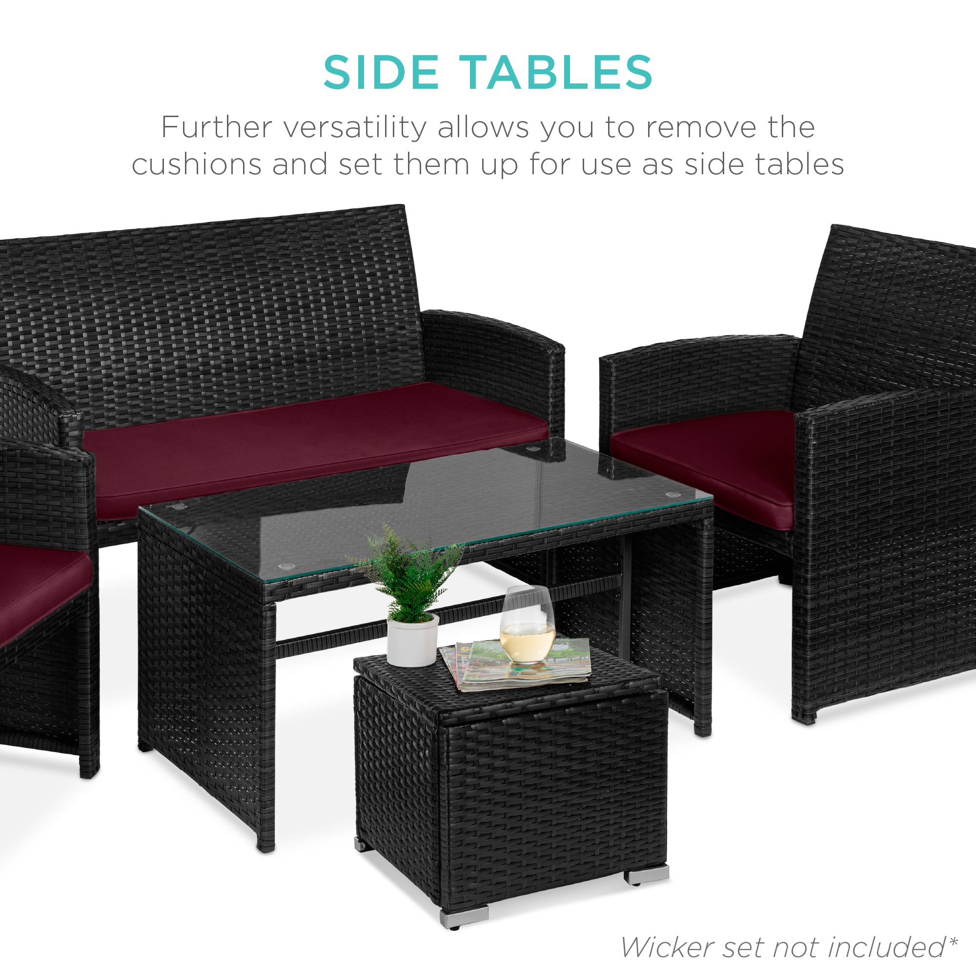 Set of 2 Wicker Ottomans, Multipurpose w/ Removable Cushions, Steel Frame
