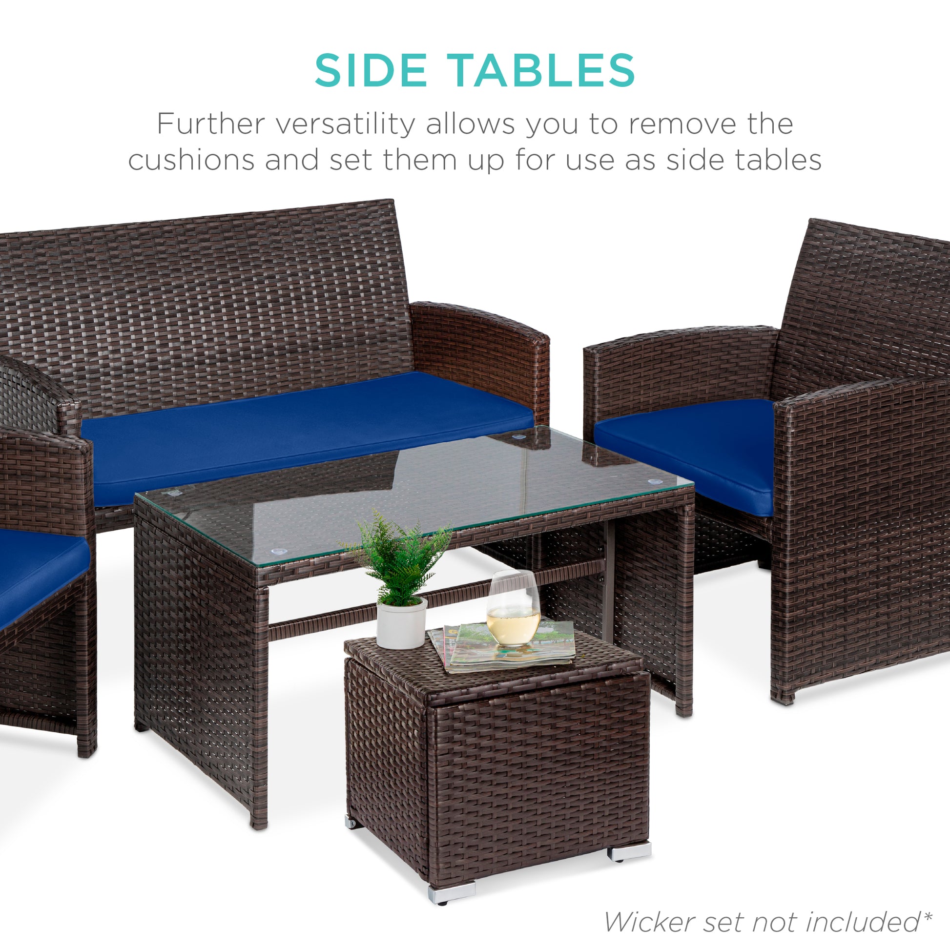 Set of 2 Wicker Ottomans, Multipurpose w/ Removable Cushions, Steel Frame